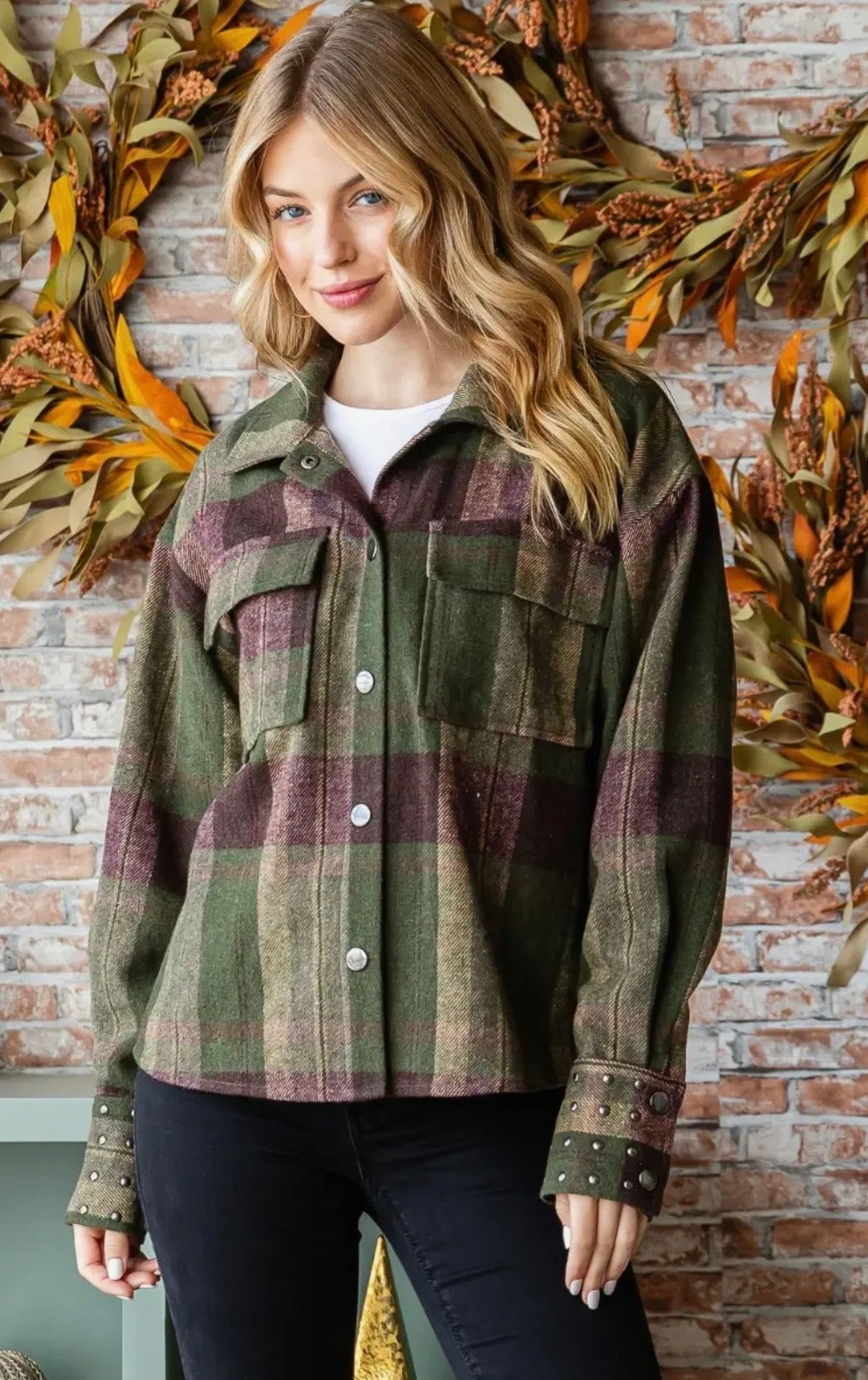 Plaid Stud Cuff Shirt Jacket in Olive