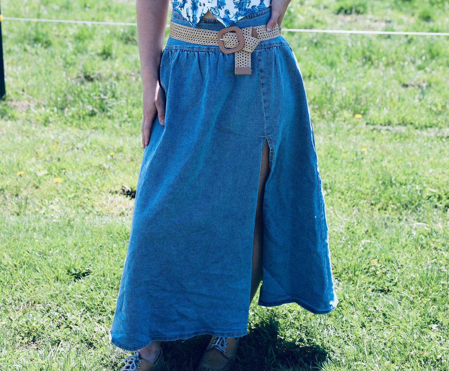 Midi Denim Skirt with Center Thigh Slit