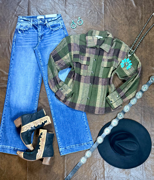 Plaid Stud Cuff Shirt Jacket in Olive