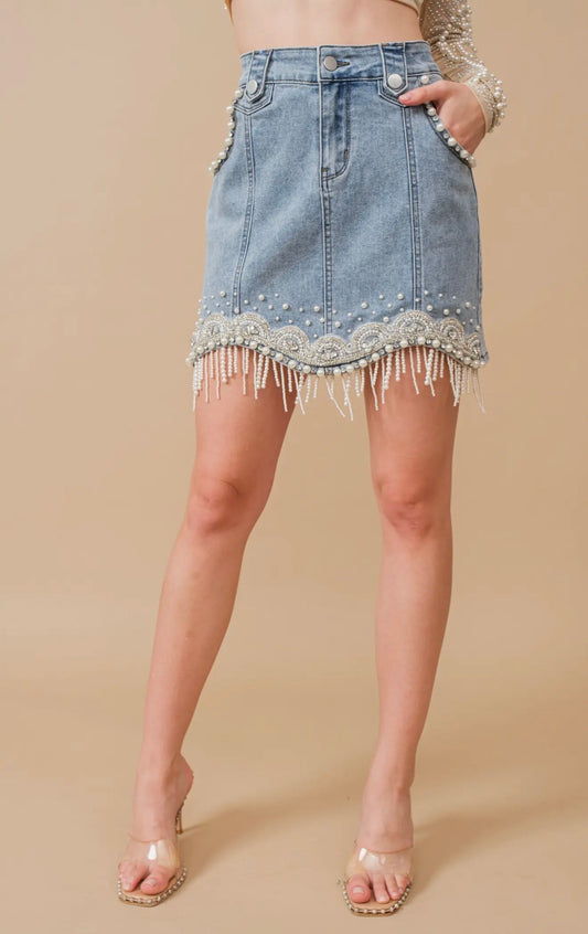 Stretch Denim Embellished Pearl
Fringe Mini Skirt