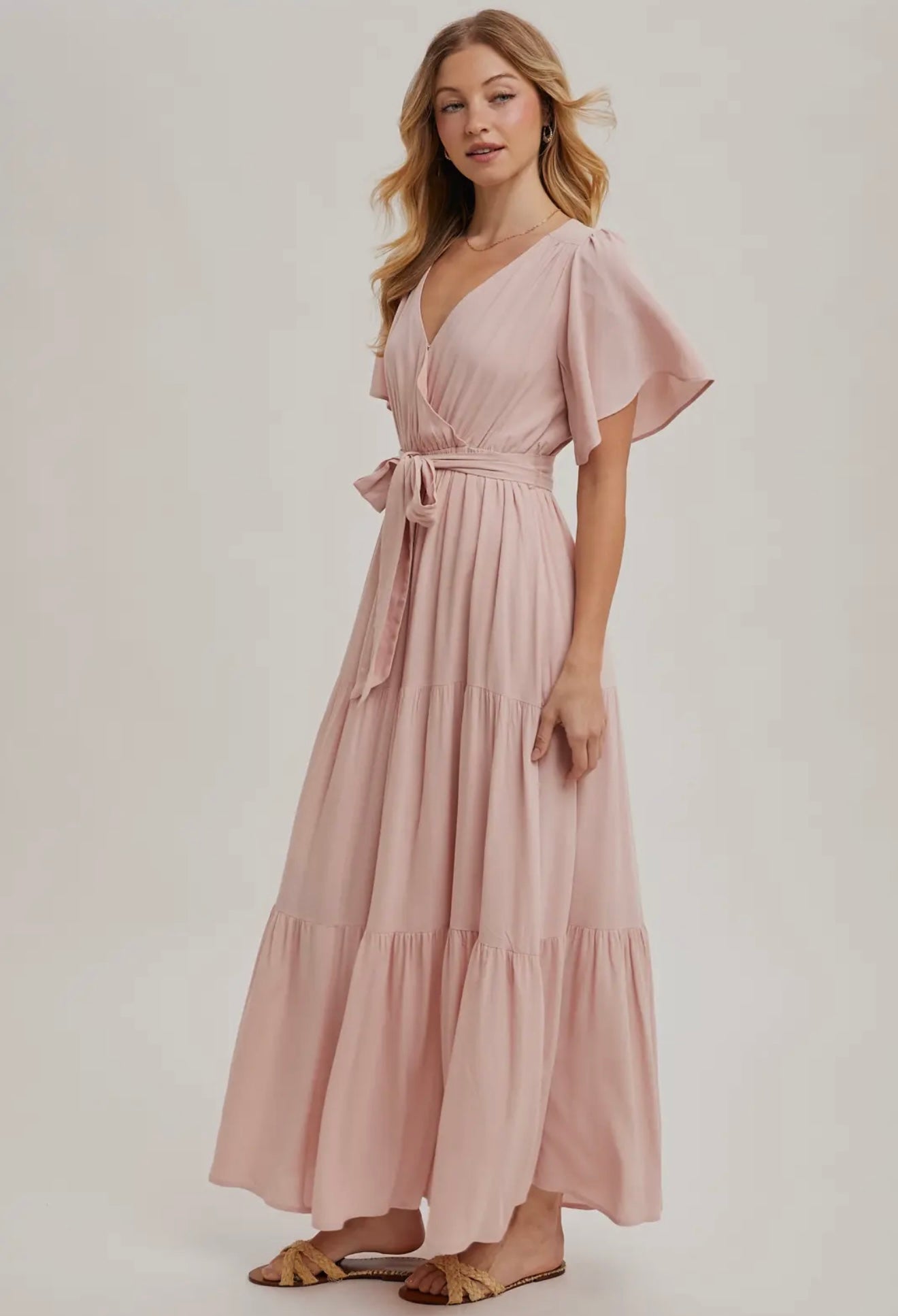 Wrap Tiered Maxi Sundress with Lining in Rose