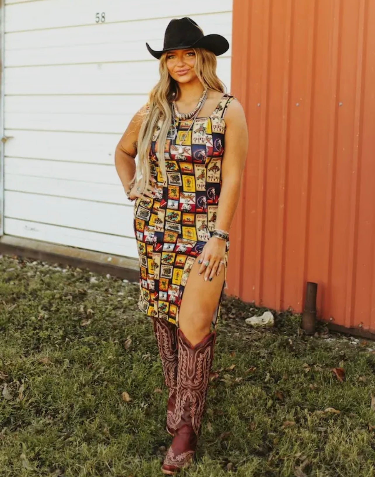 Vintage Collage Western Sleeveless Slit Hem Dress