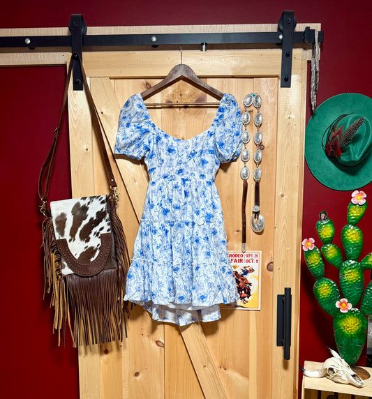 Blue Floral Open Back with Tie Tiered
Mini Dress