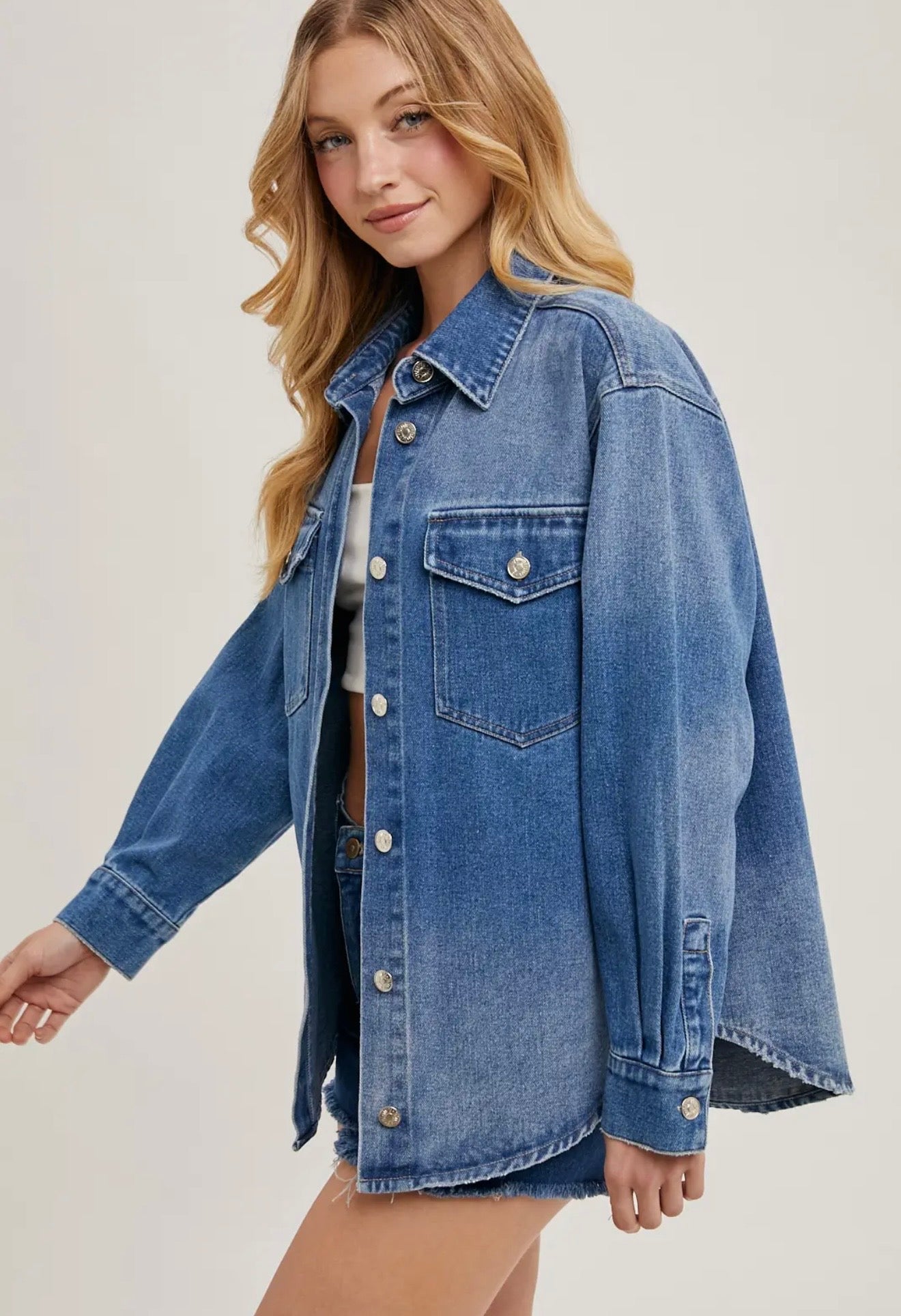 Washed Denim Button Down Shirt Jacket