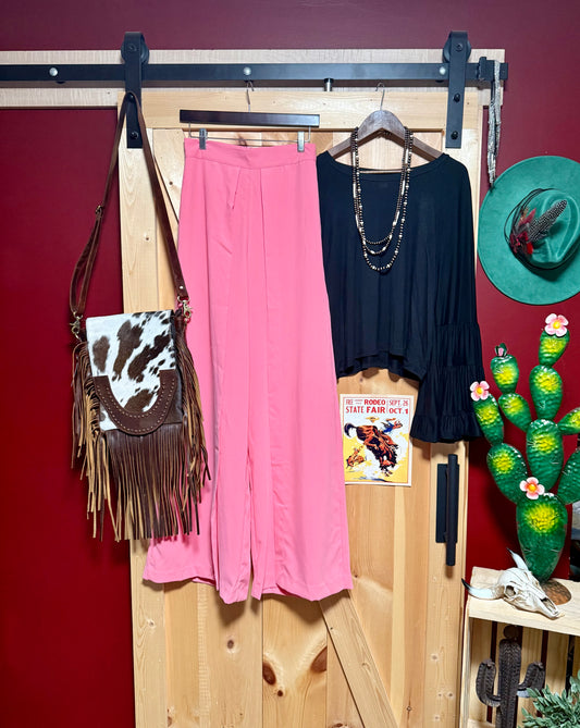 ZIP UP PLEATED FRONT WIDE LEG PANTS in pink