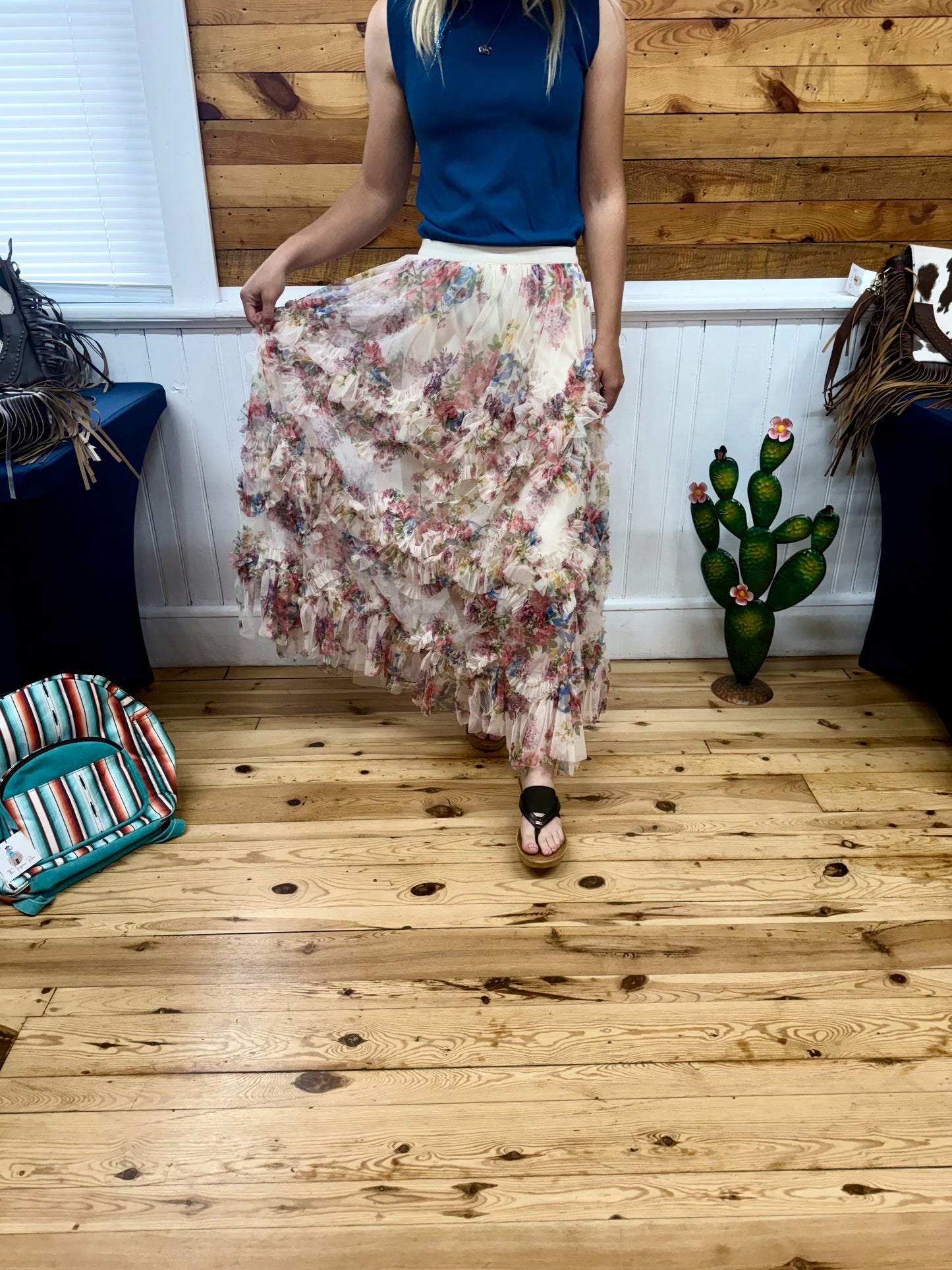 Floral Ruffled Mesh Midi Skirt