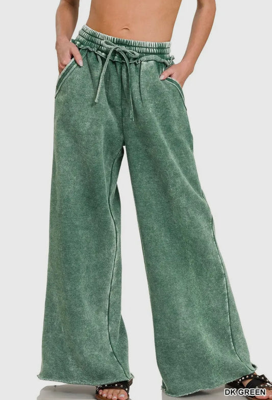 Zenana Acid Wash Fleece Palazzo Sweatpants with Pockets in Green