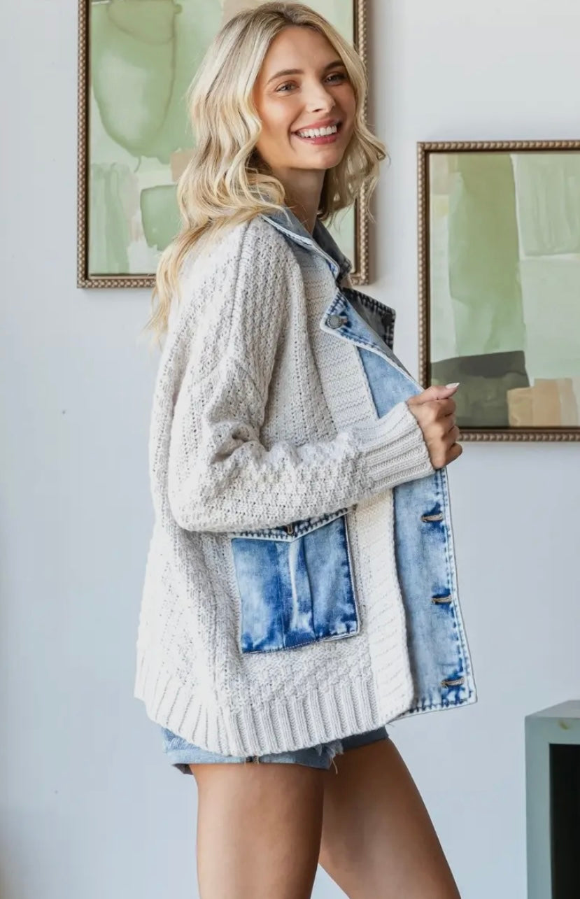 Knit Body Denim Layerd Jacket