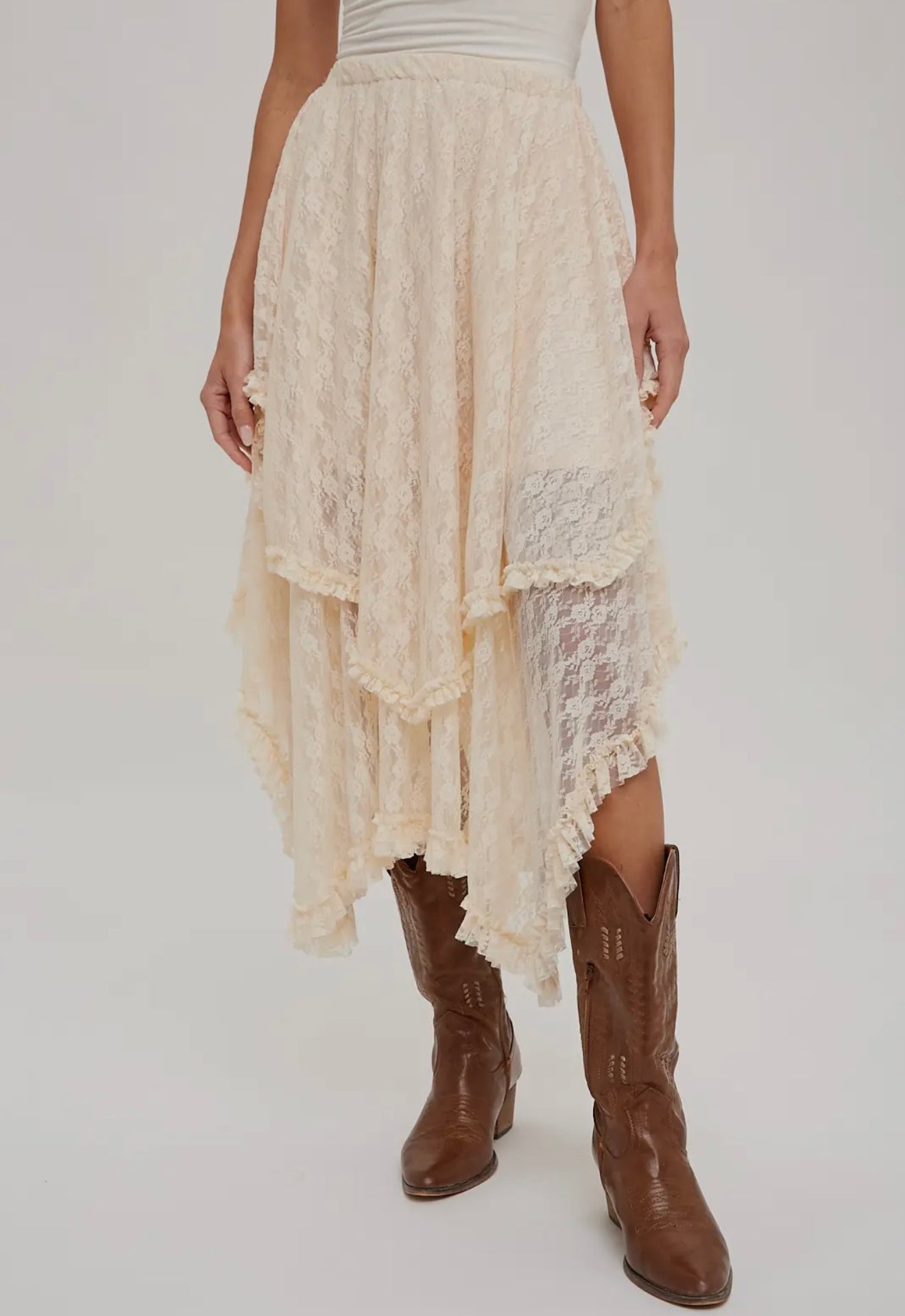 Ecru Lace Tier Midi Skirt