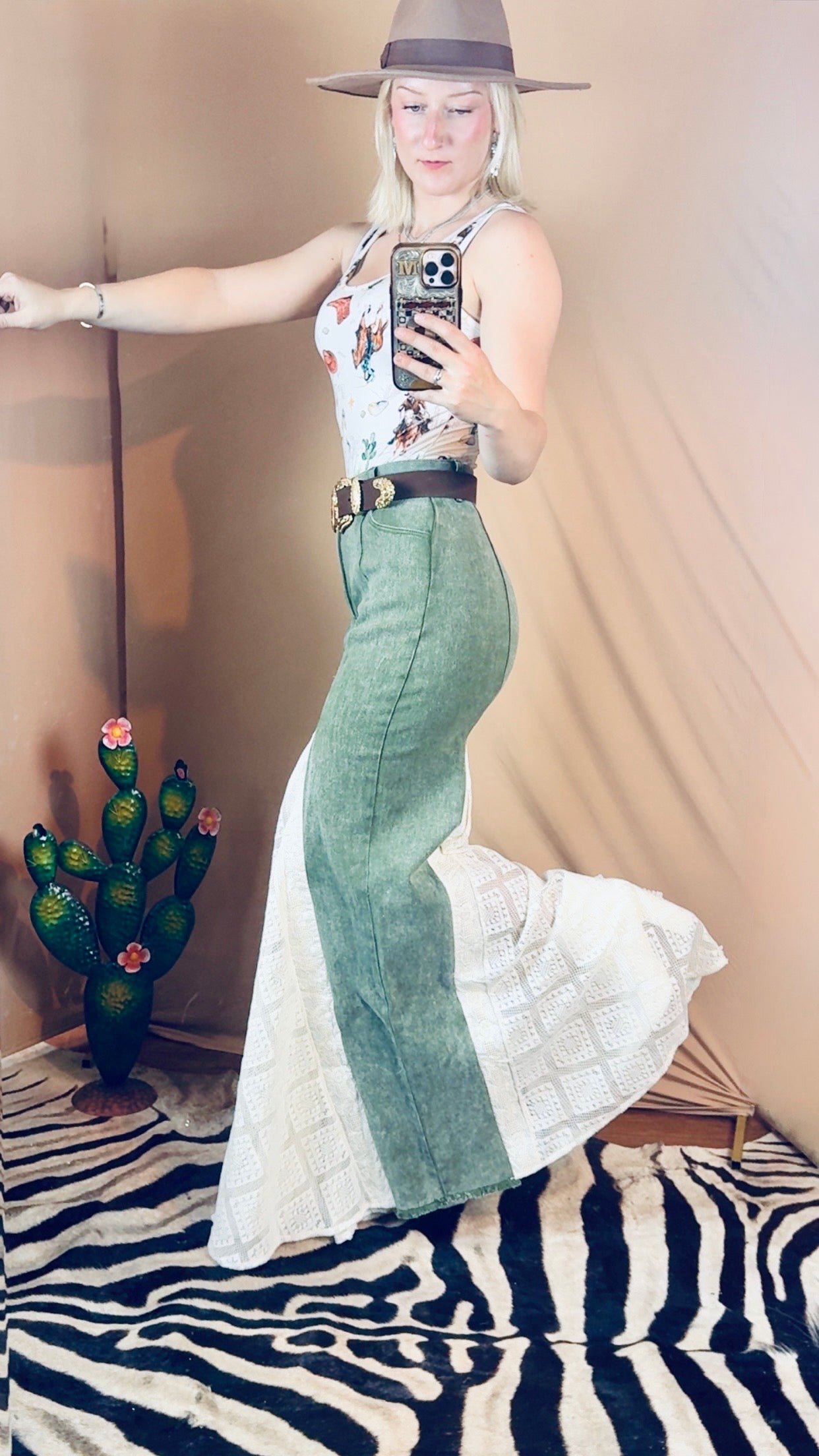 Lace Detail Wide Leg Jeans in Olive