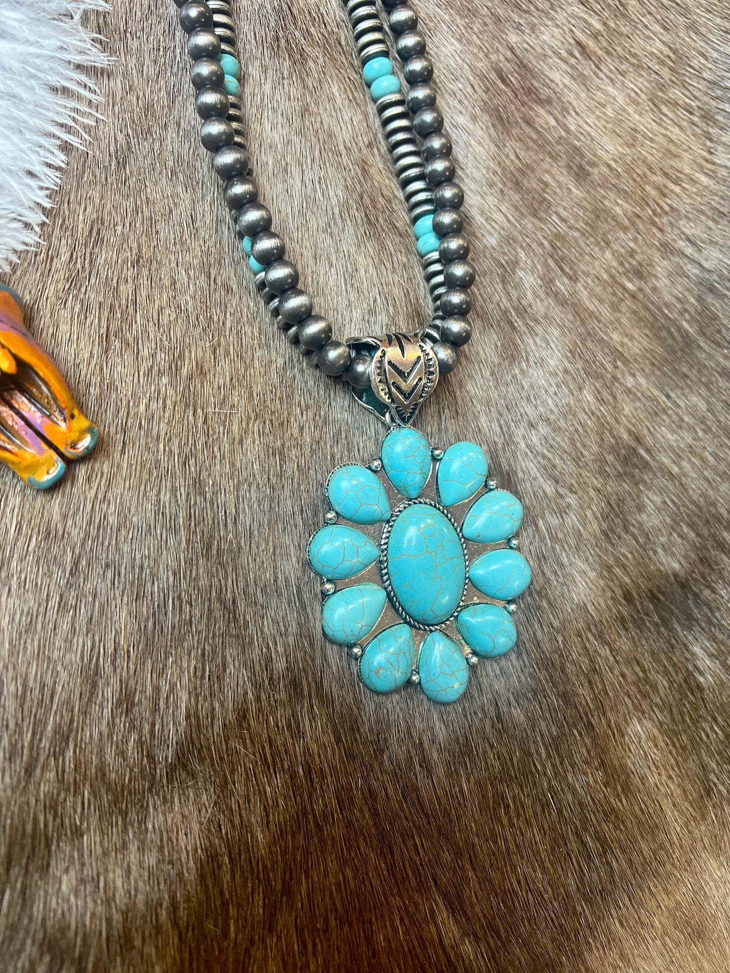 Ranch Wifey Turquoise Squash Blossom Pendant Pearls Necklace
