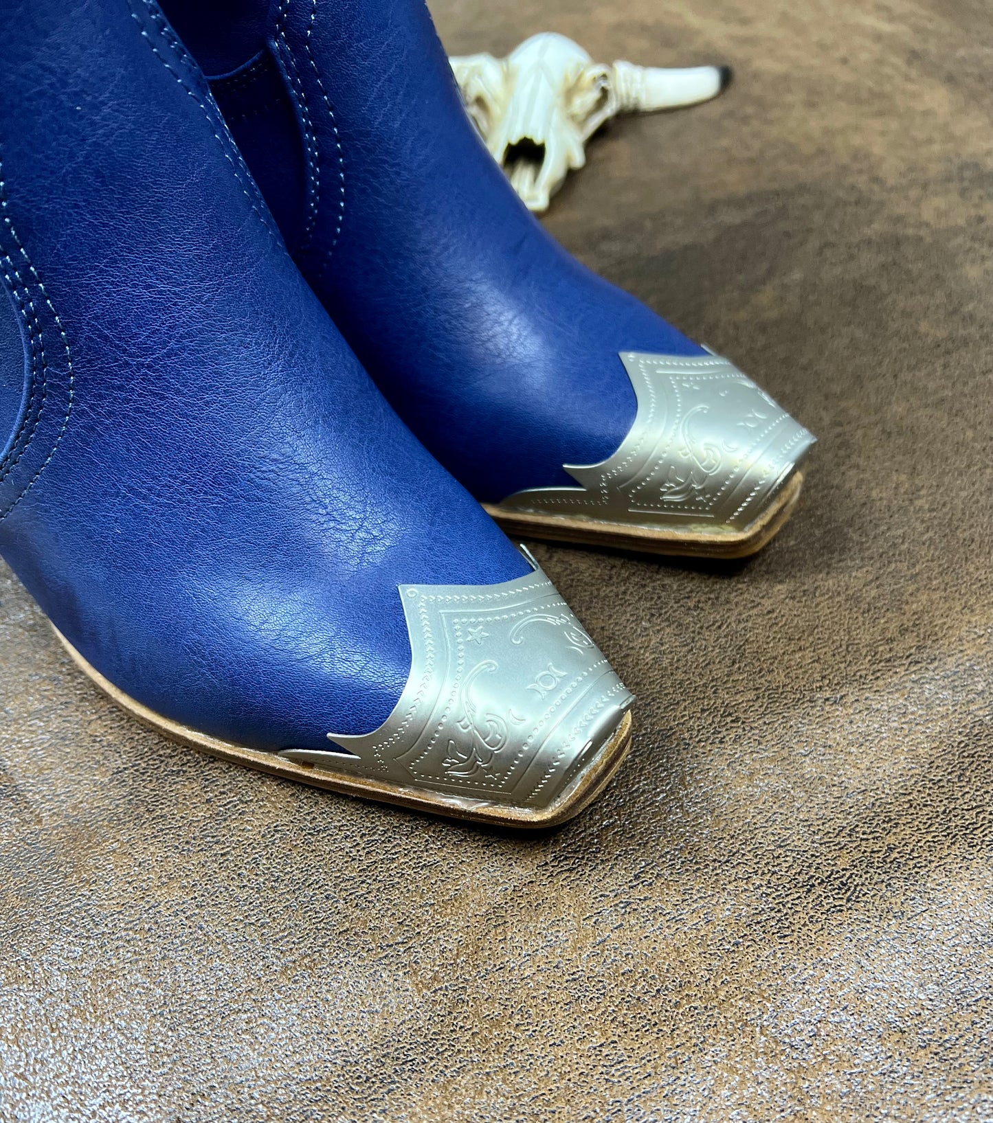 Blue Metallic Silver Toe Tip Mid-Calf
Western Boots