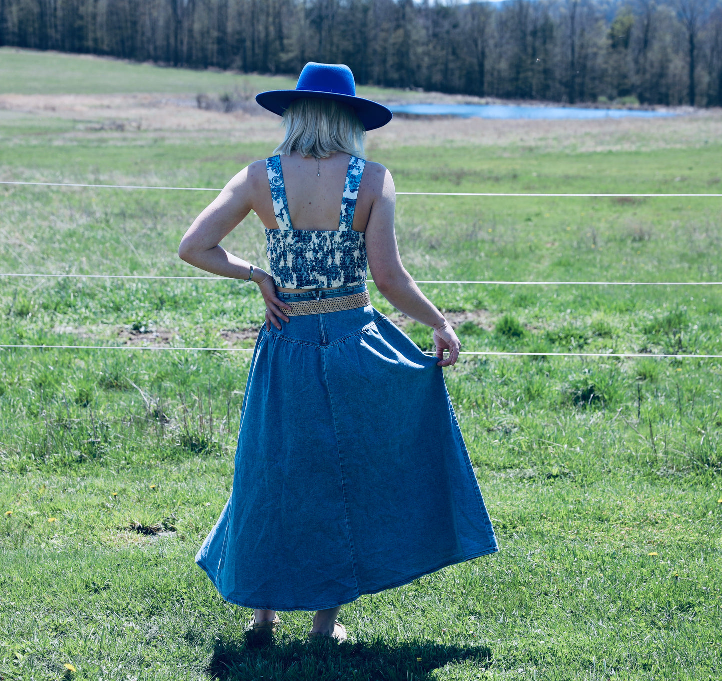 Midi Denim Skirt with Center Thigh Slit