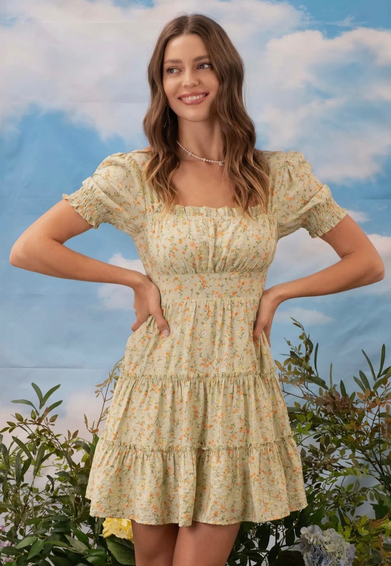Floral Square Neck Puff Sleeve Tiered
Midi Dress