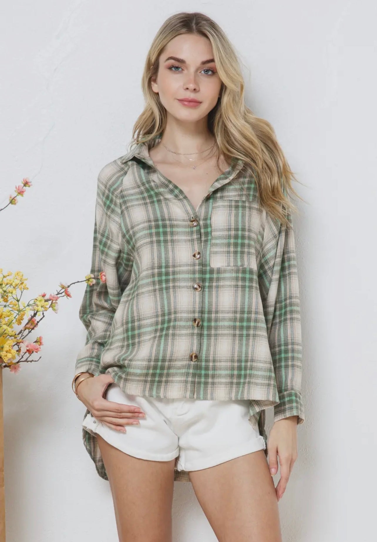 Olive Green Plaid Oversized Button Up Boyfriend Shirt