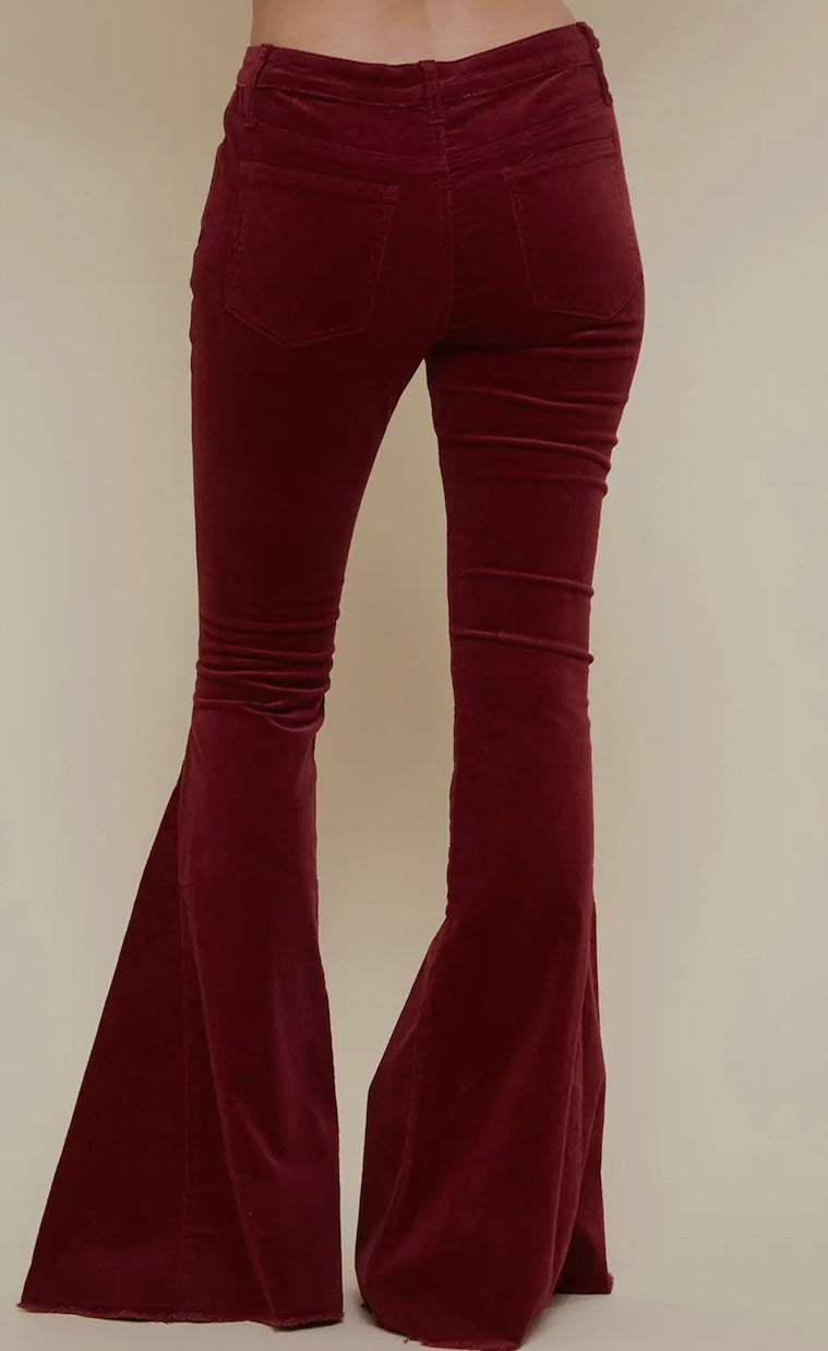 Wine Soft Corduroy Flares with Distressed Hem