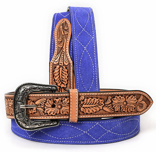 American Darling Hand Tooled Tan Leather Western Belt -
Blue Suede Back & Antique Buckle