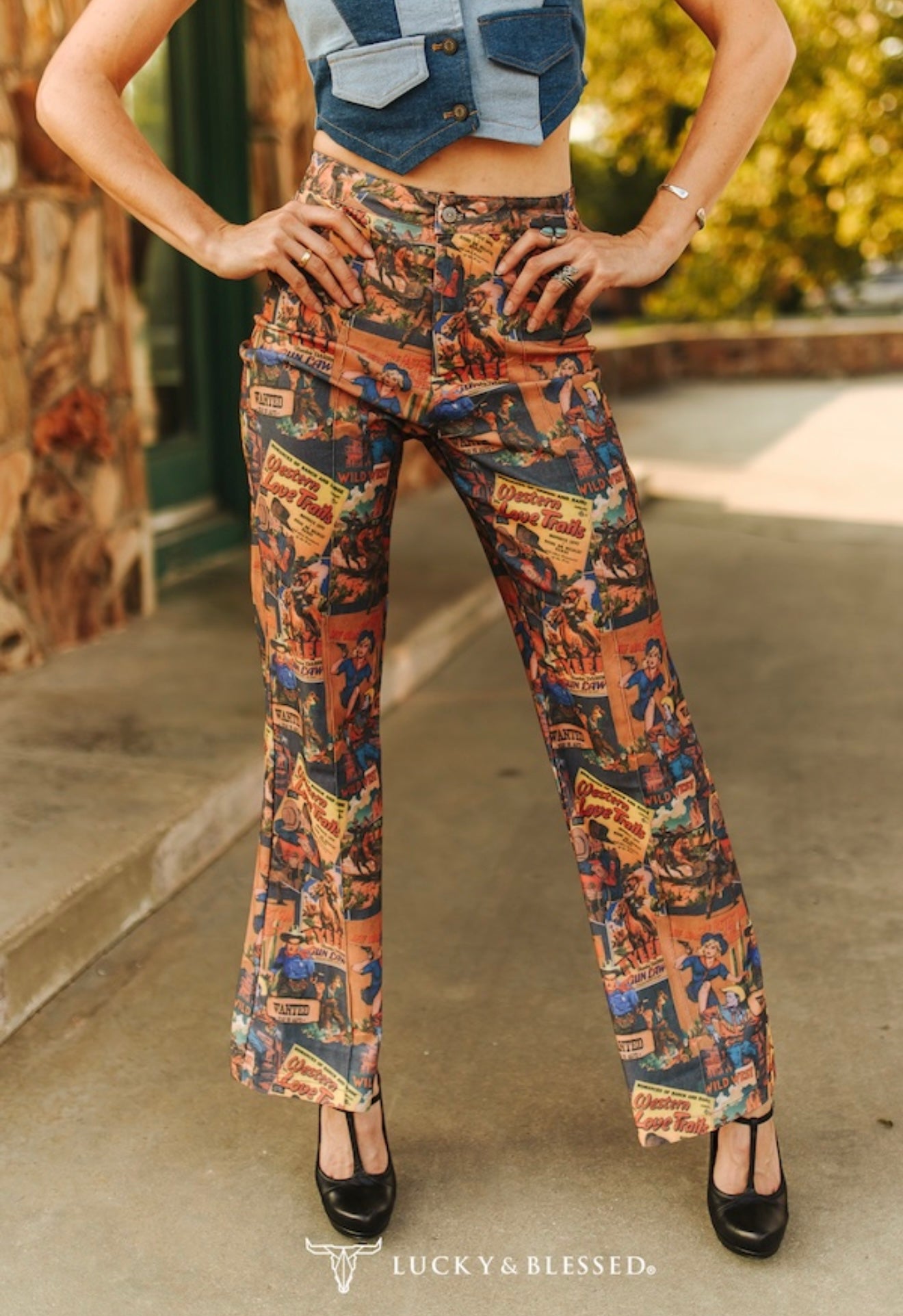 Vintage Cowgirl Print Flare Pants