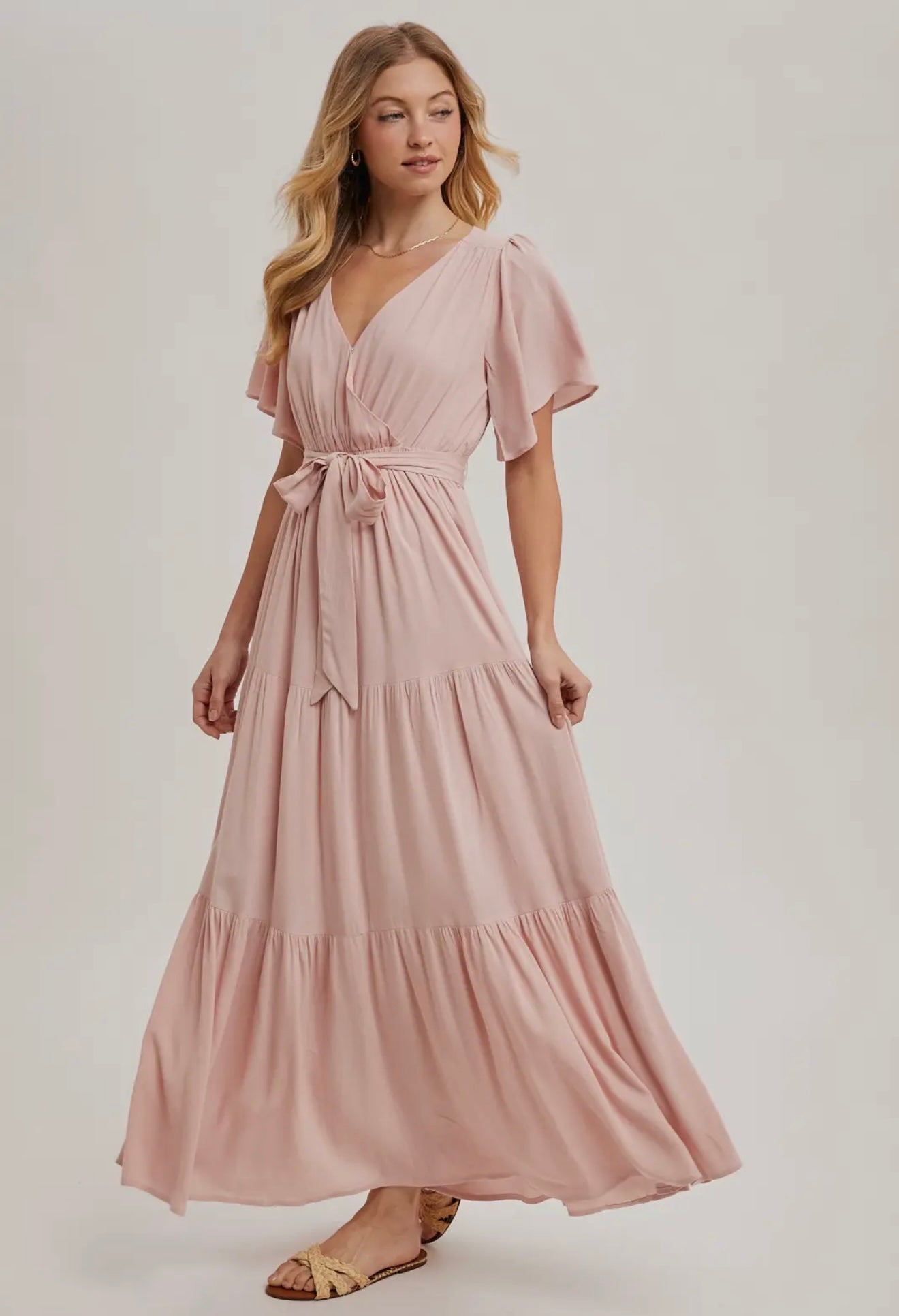 Wrap Tiered Maxi Sundress with Lining in Rose