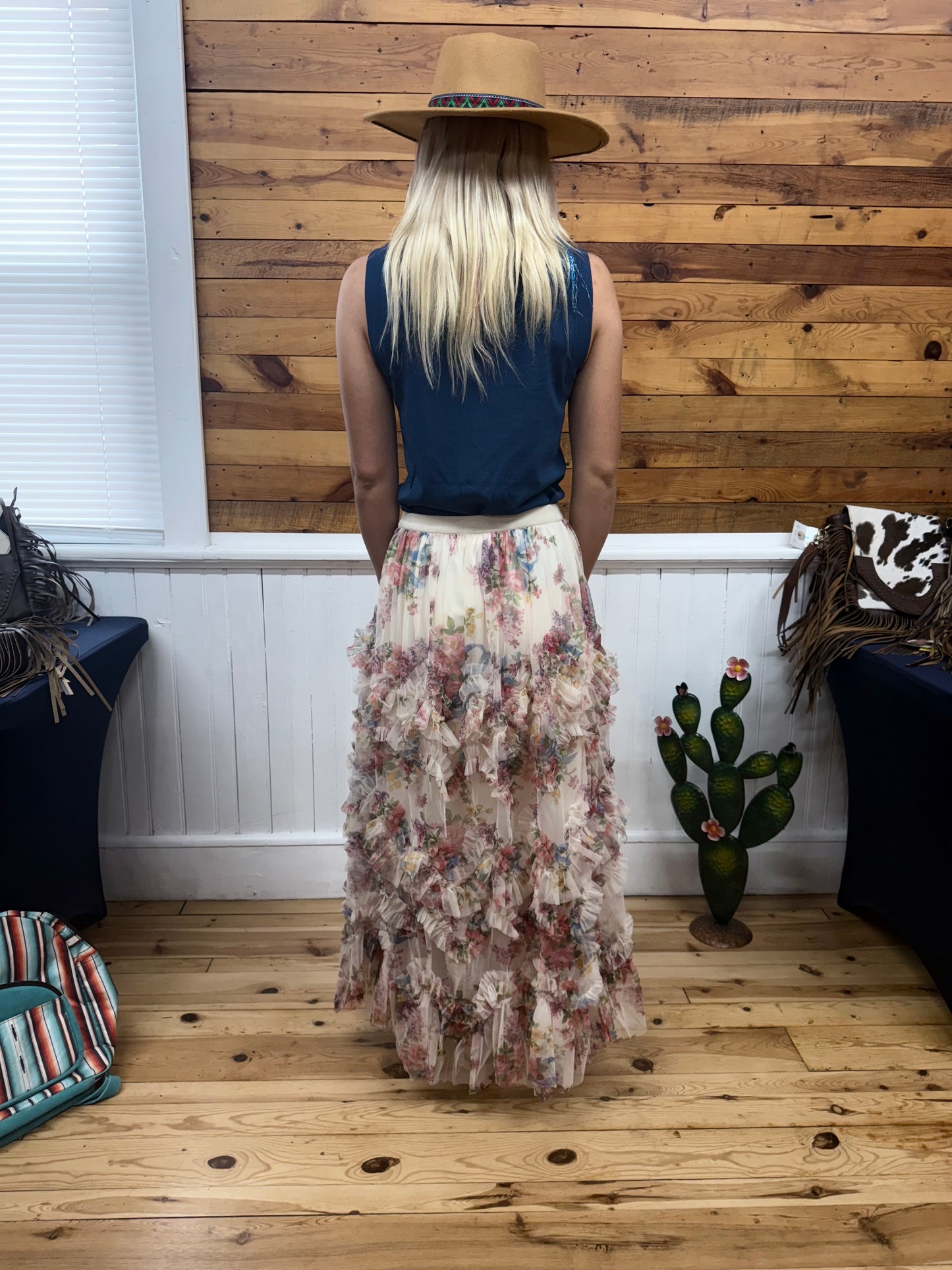Floral Ruffled Mesh Midi Skirt