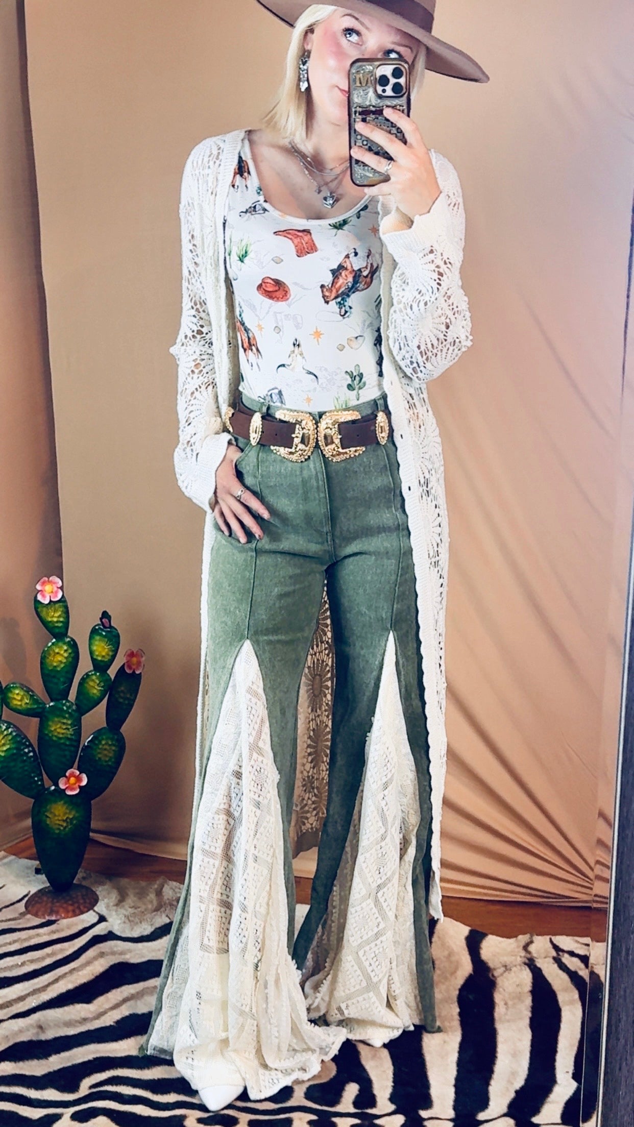 Lace Detail Wide Leg Jeans in Olive
