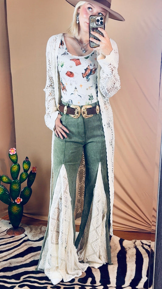 Lace Detail Wide Leg Jeans in Olive
