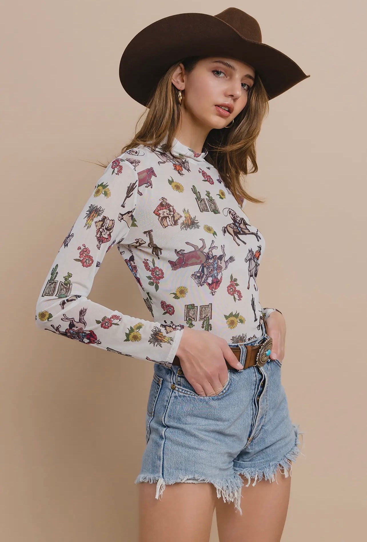 Bella-Western Floral Cowboy
Print Mesh Long Sleeves Top