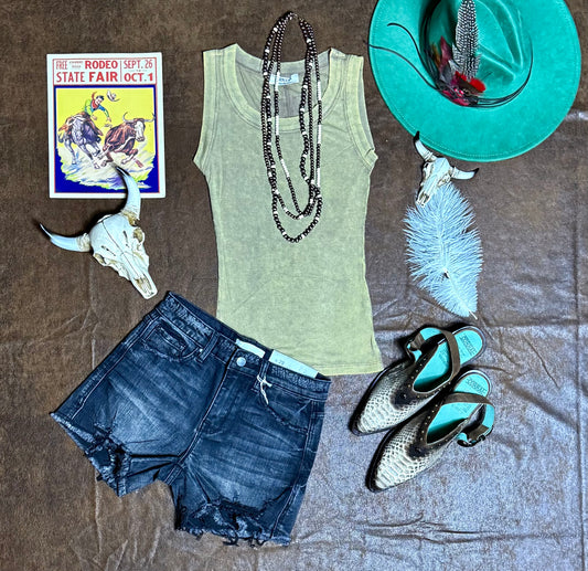 Zenana Washed Ribbed Scoop Neck Tank Top in Mocha