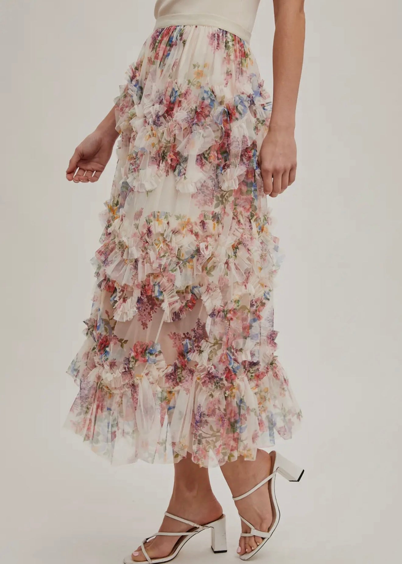 Floral Ruffled Mesh Midi Skirt
