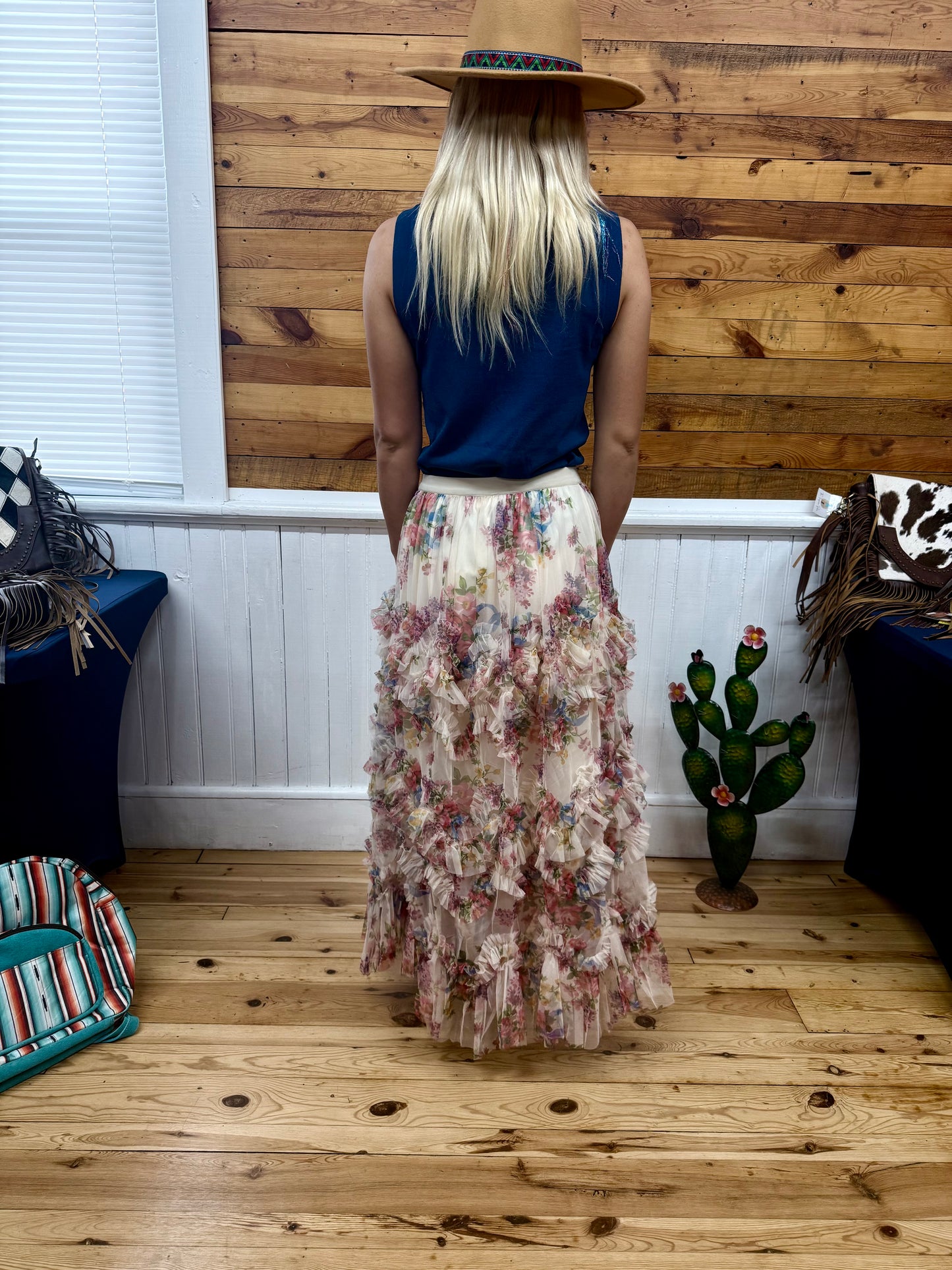 Floral Ruffled Mesh Midi Skirt
