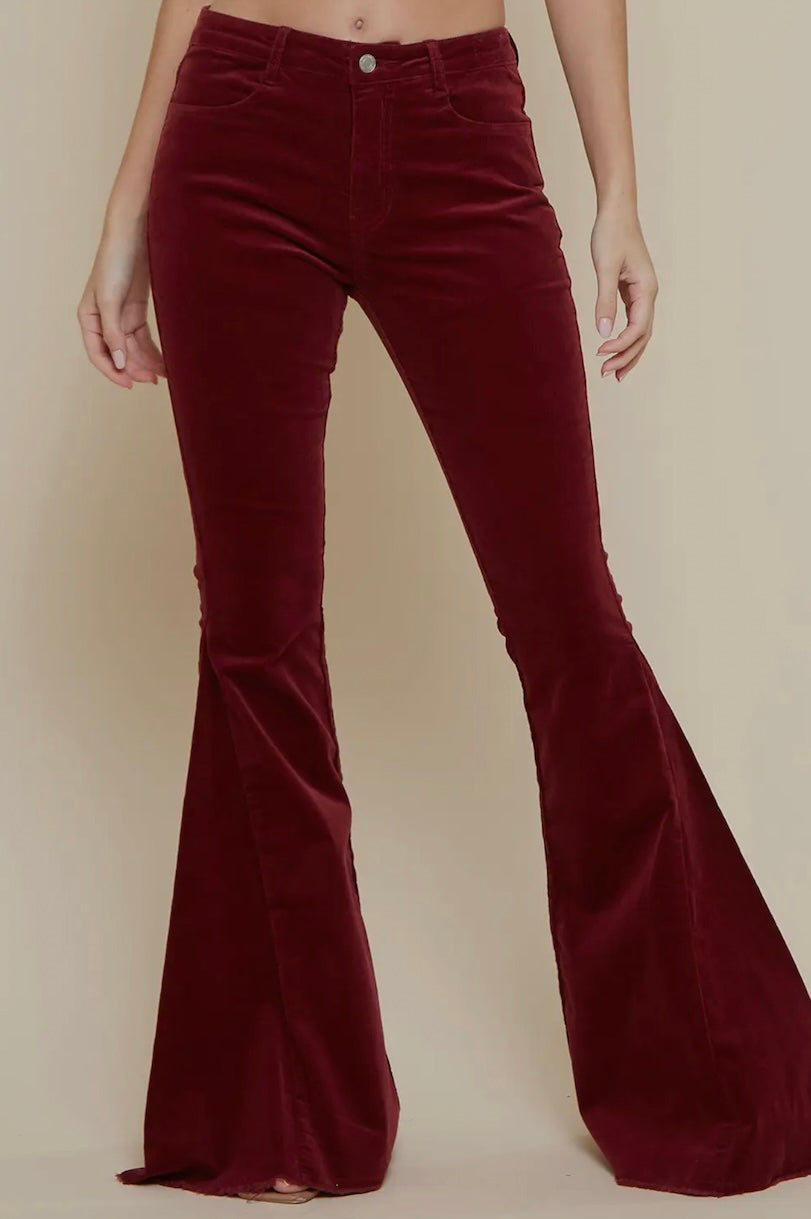 Wine Soft Corduroy Flares with Distressed Hem