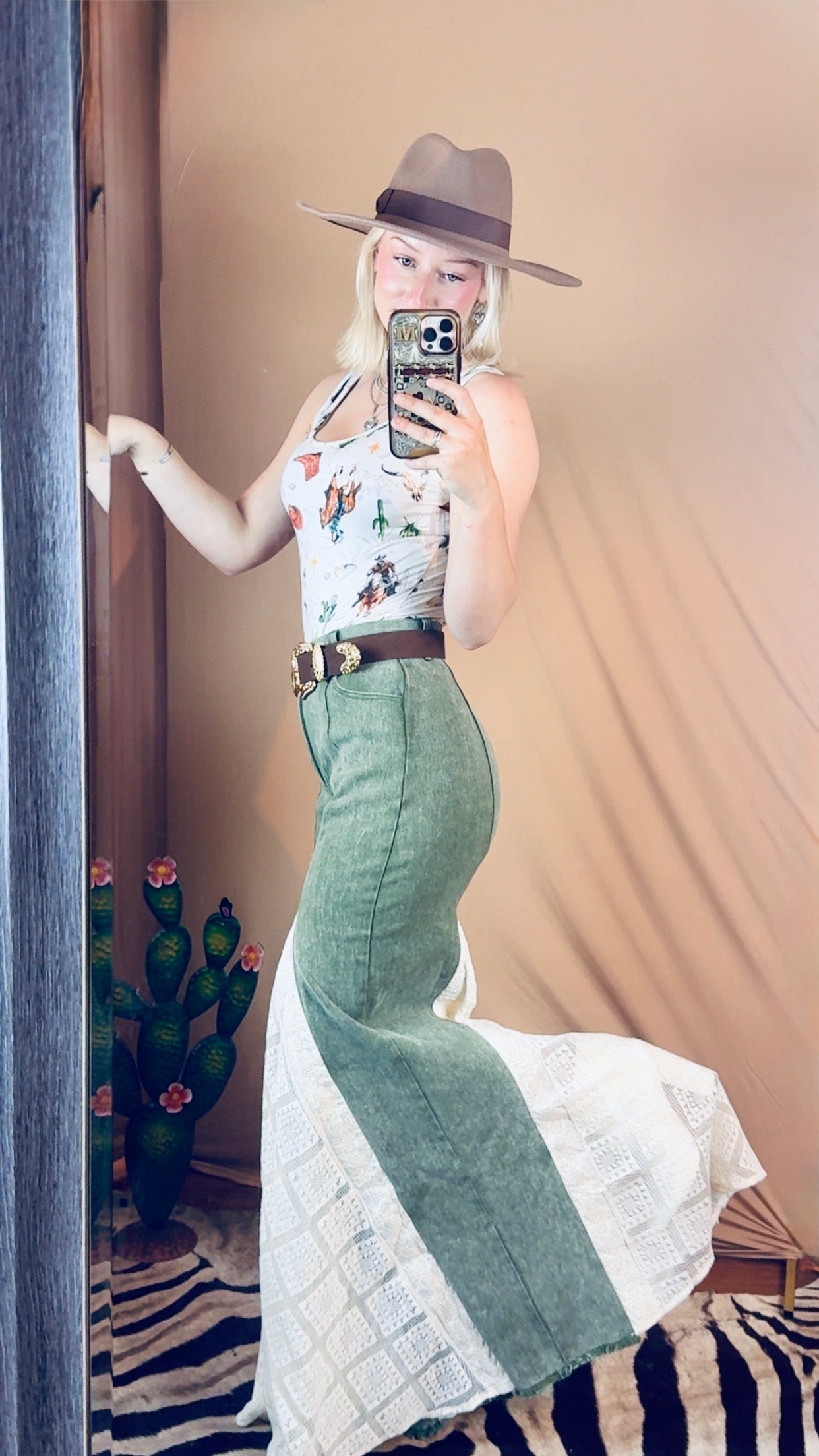 Lace Detail Wide Leg Jeans in Olive