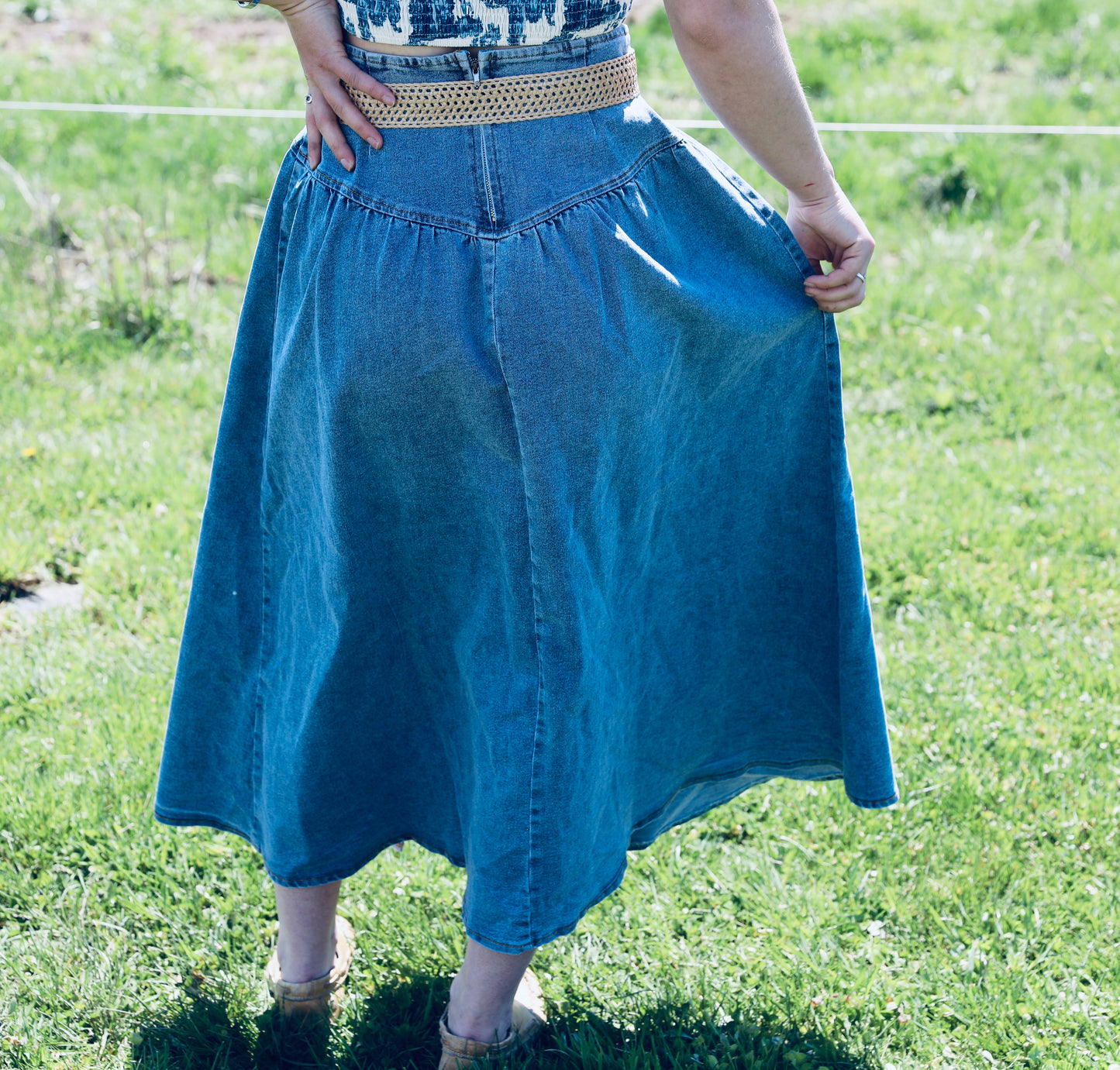 Midi Denim Skirt with Center Thigh Slit