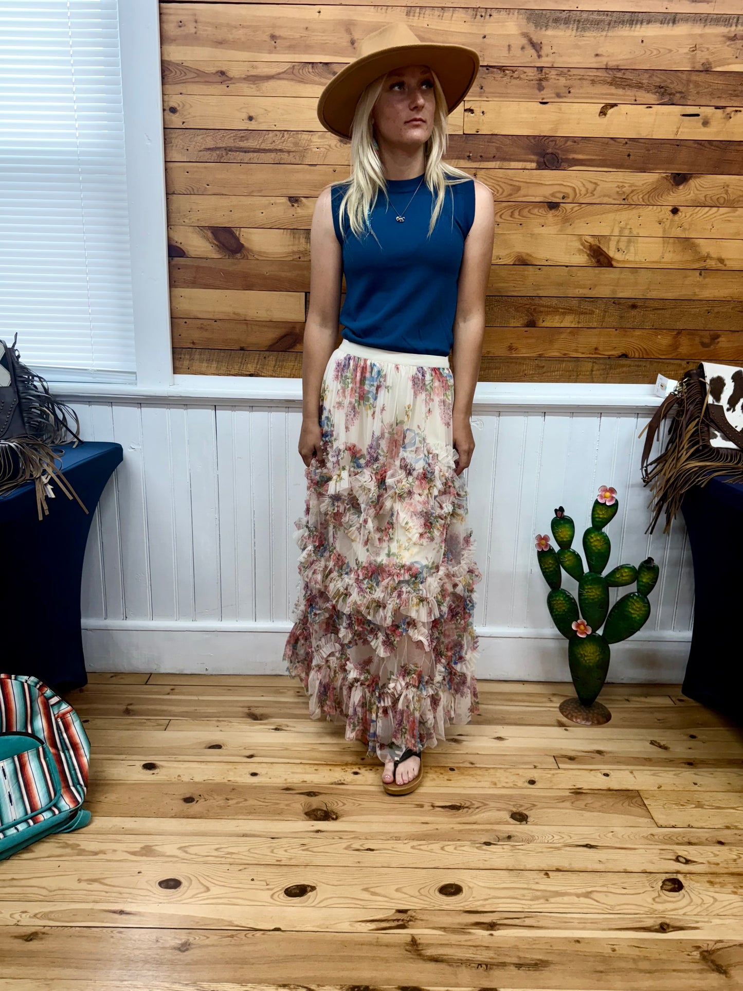 Floral Ruffled Mesh Midi Skirt