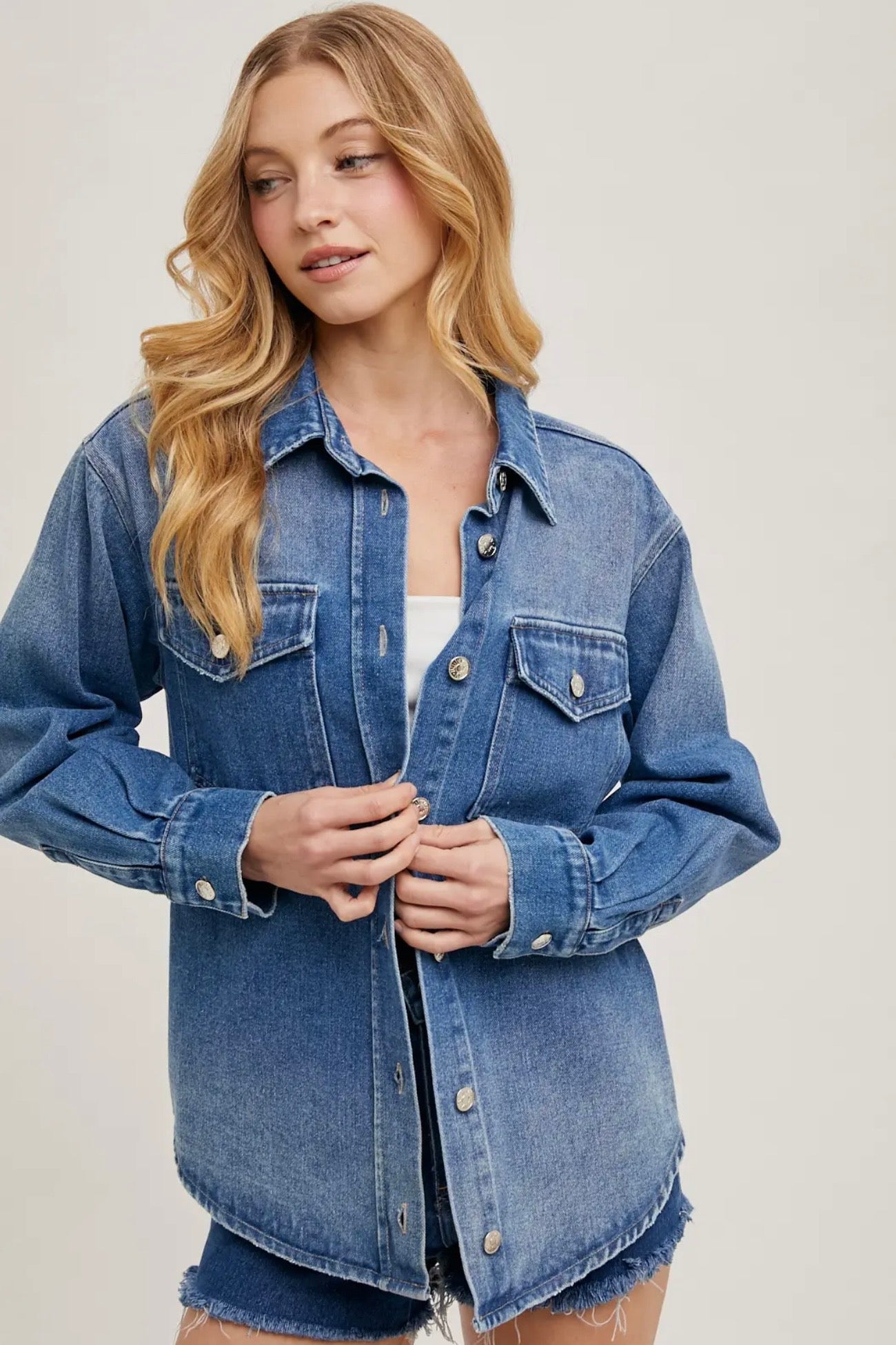 Washed Denim Button Down Shirt Jacket