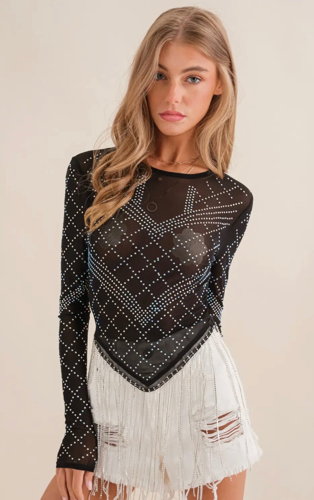 Stretch Mesh Studded
Rhinestone Fringe Long SLV Top