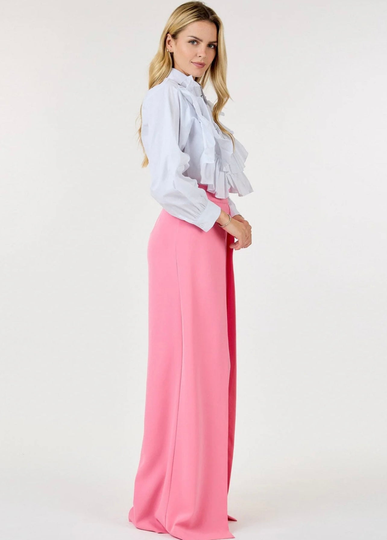 ZIP UP PLEATED FRONT WIDE LEG PANTS in pink