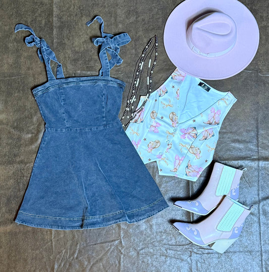 Black Denim Strap Tie Mini Dress