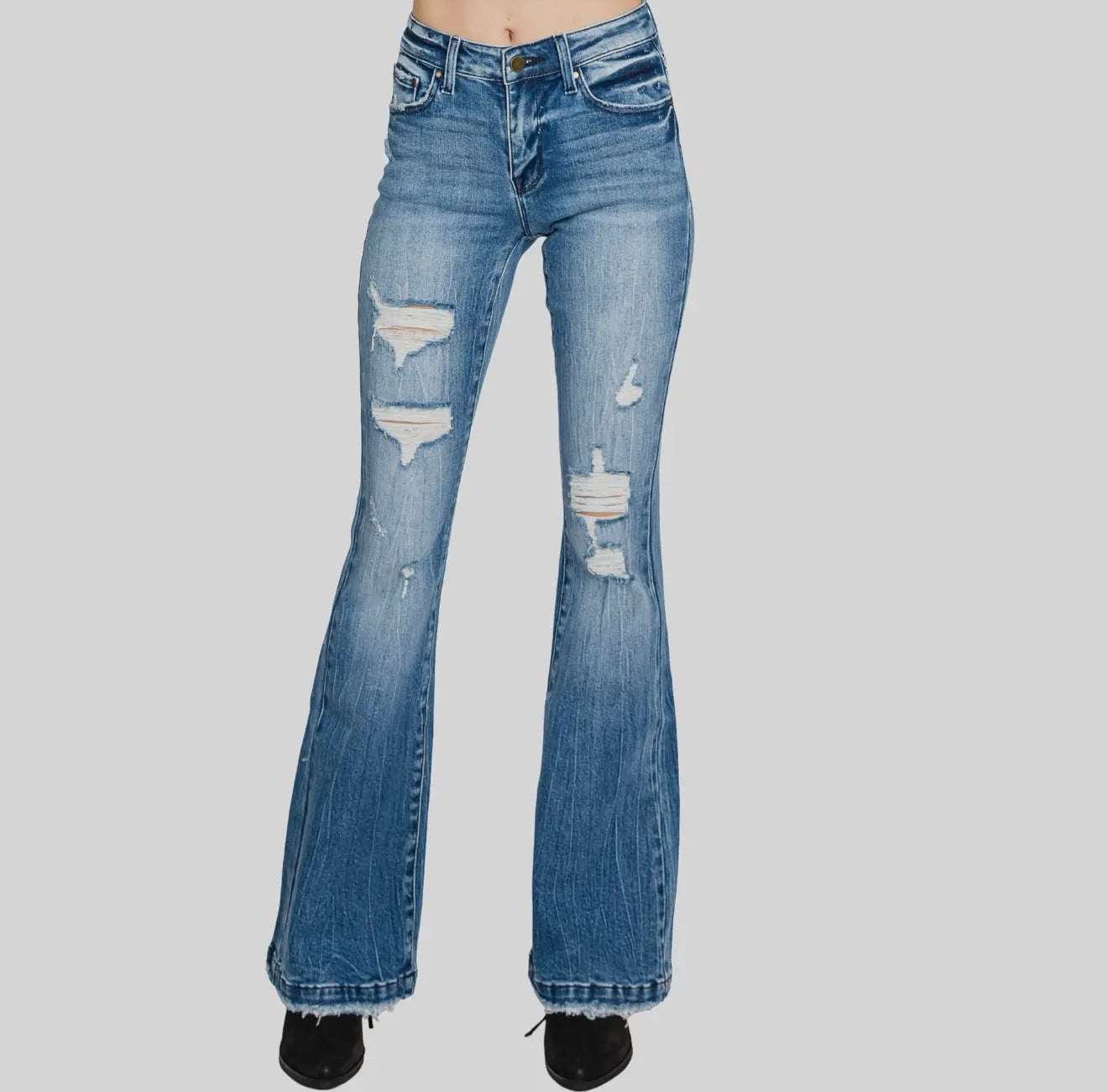 Petra153 Distressed Mid Rise Stretch Flare With Trouser Hem Jeans