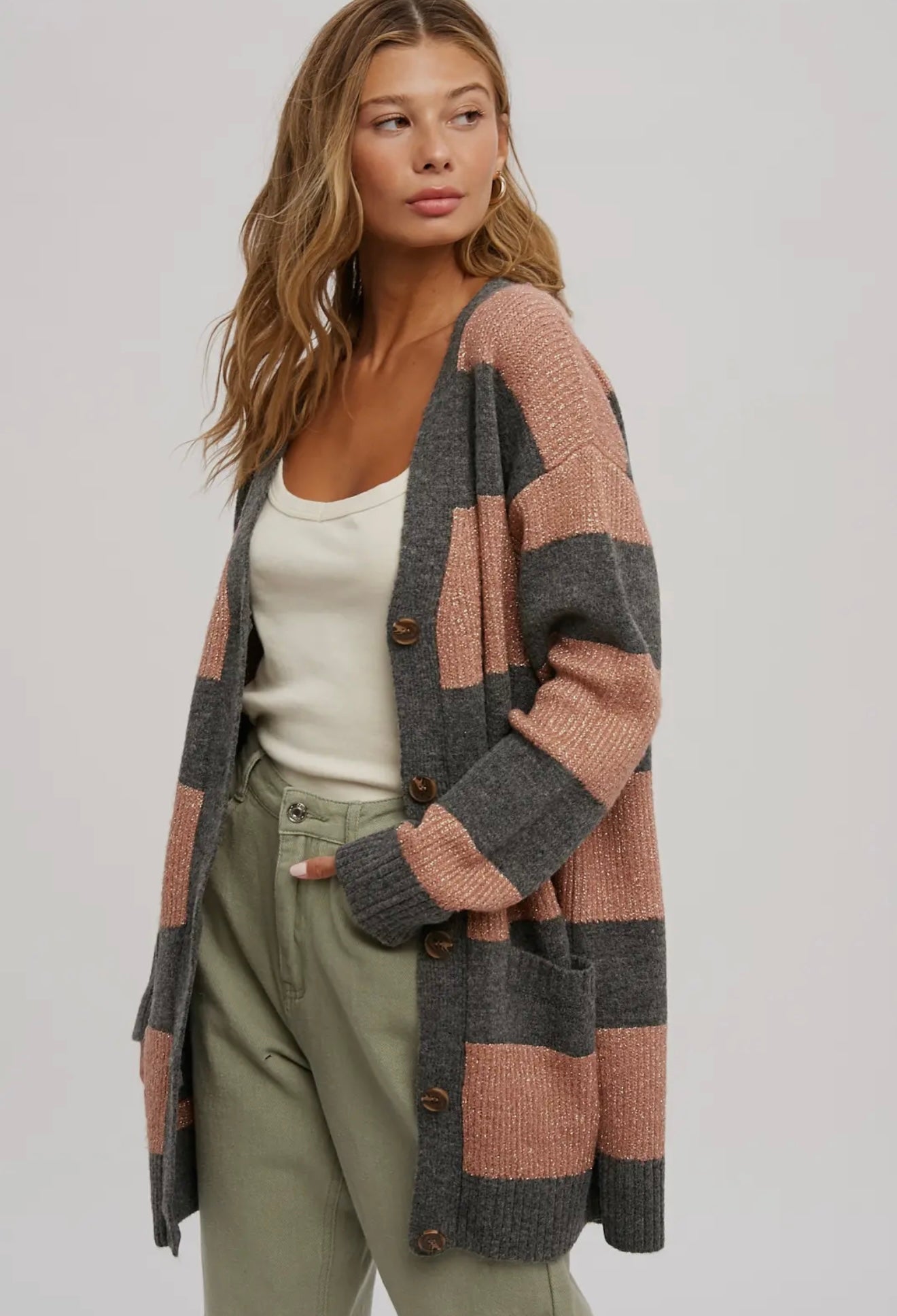 Lurex Color Block Button Front Cardigan