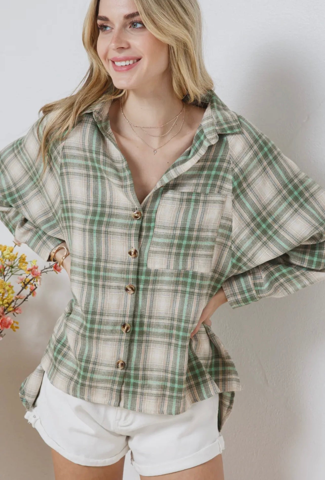 Olive Green Plaid Oversized Button Up Boyfriend Shirt