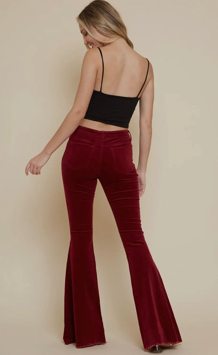 Wine Soft Corduroy Flares with Distressed Hem