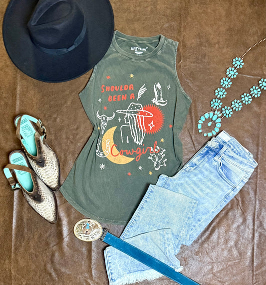Olive Shoulda Been A Cowgirl Graphic Tank Top