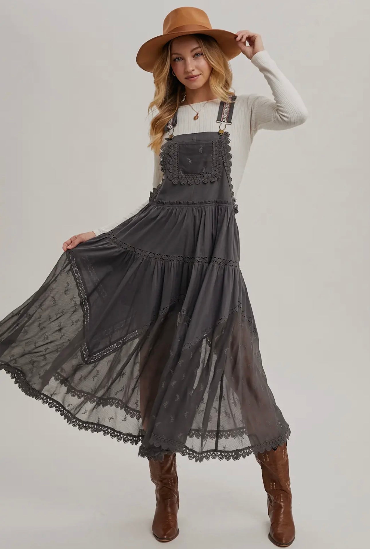 Lace Embroidered Tulle Bib Maxi Dress