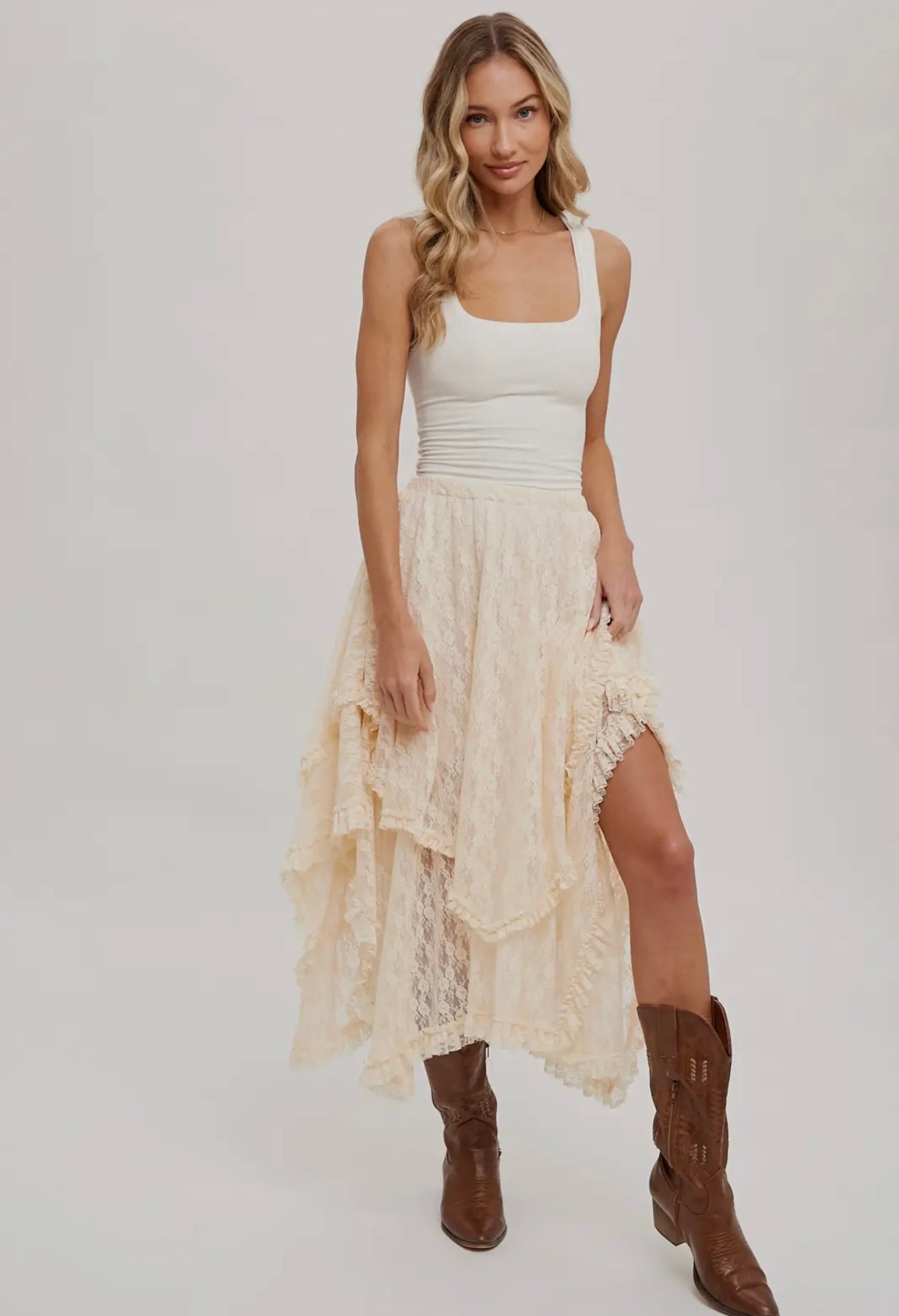 Ecru Lace Tier Midi Skirt