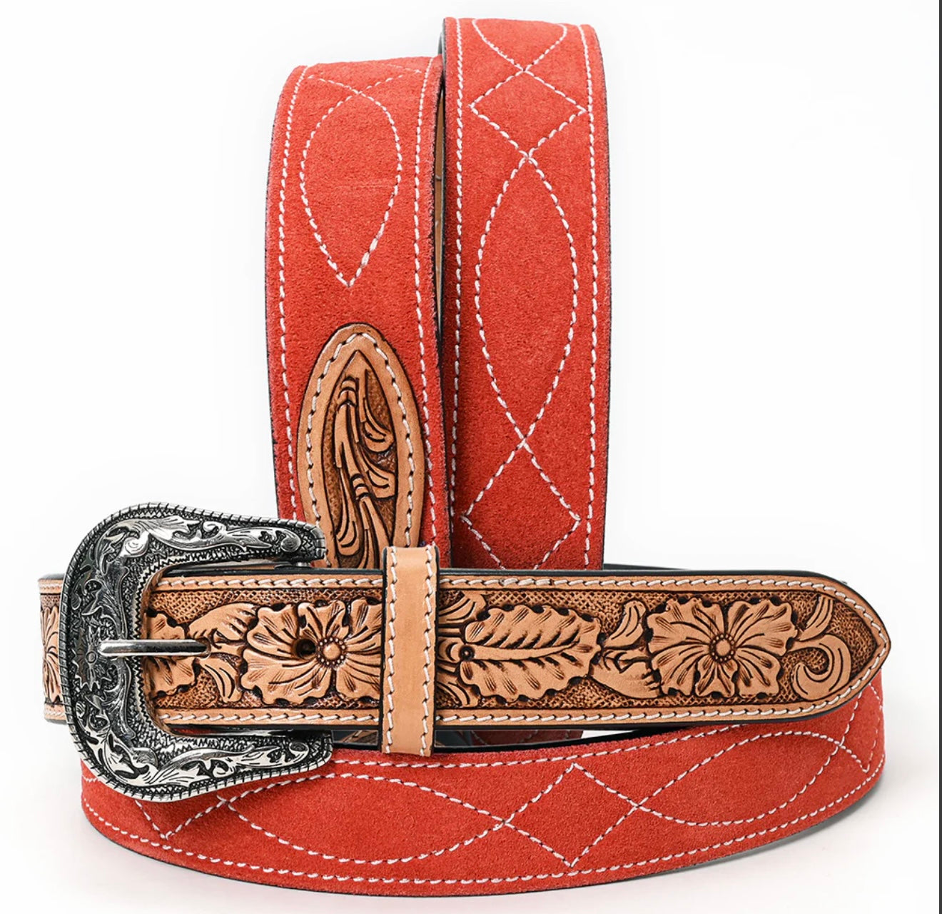 American Darling Tooled Leather Western Belt - Red Suede
Back with Antique Silver Buckle