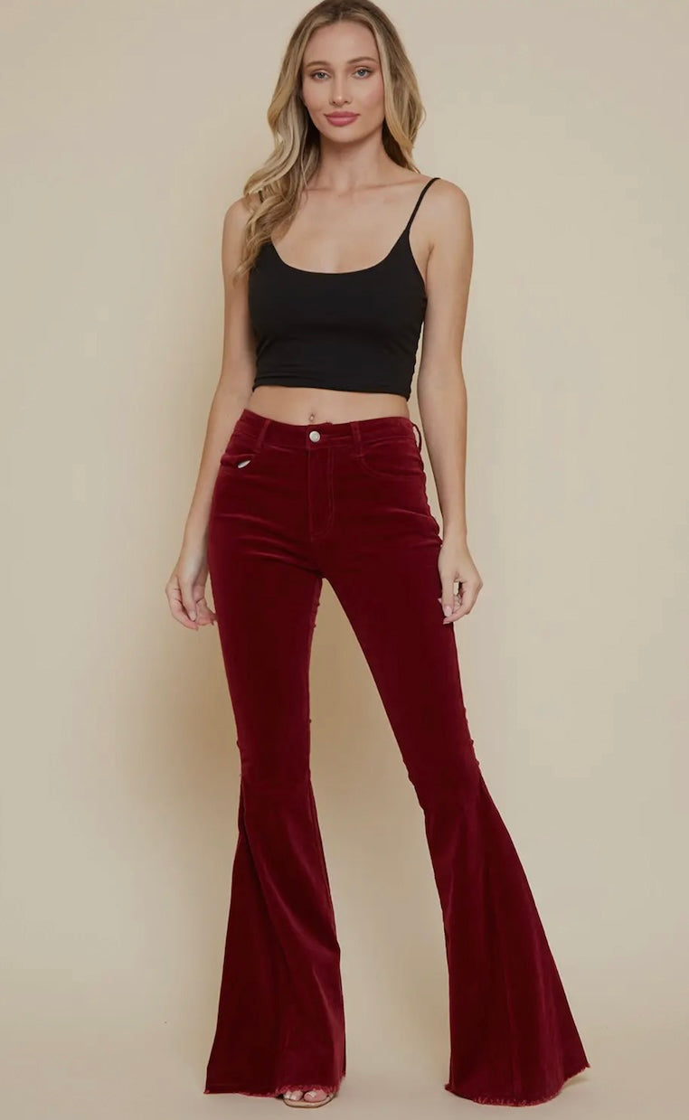 Wine Soft Corduroy Flares with Distressed Hem