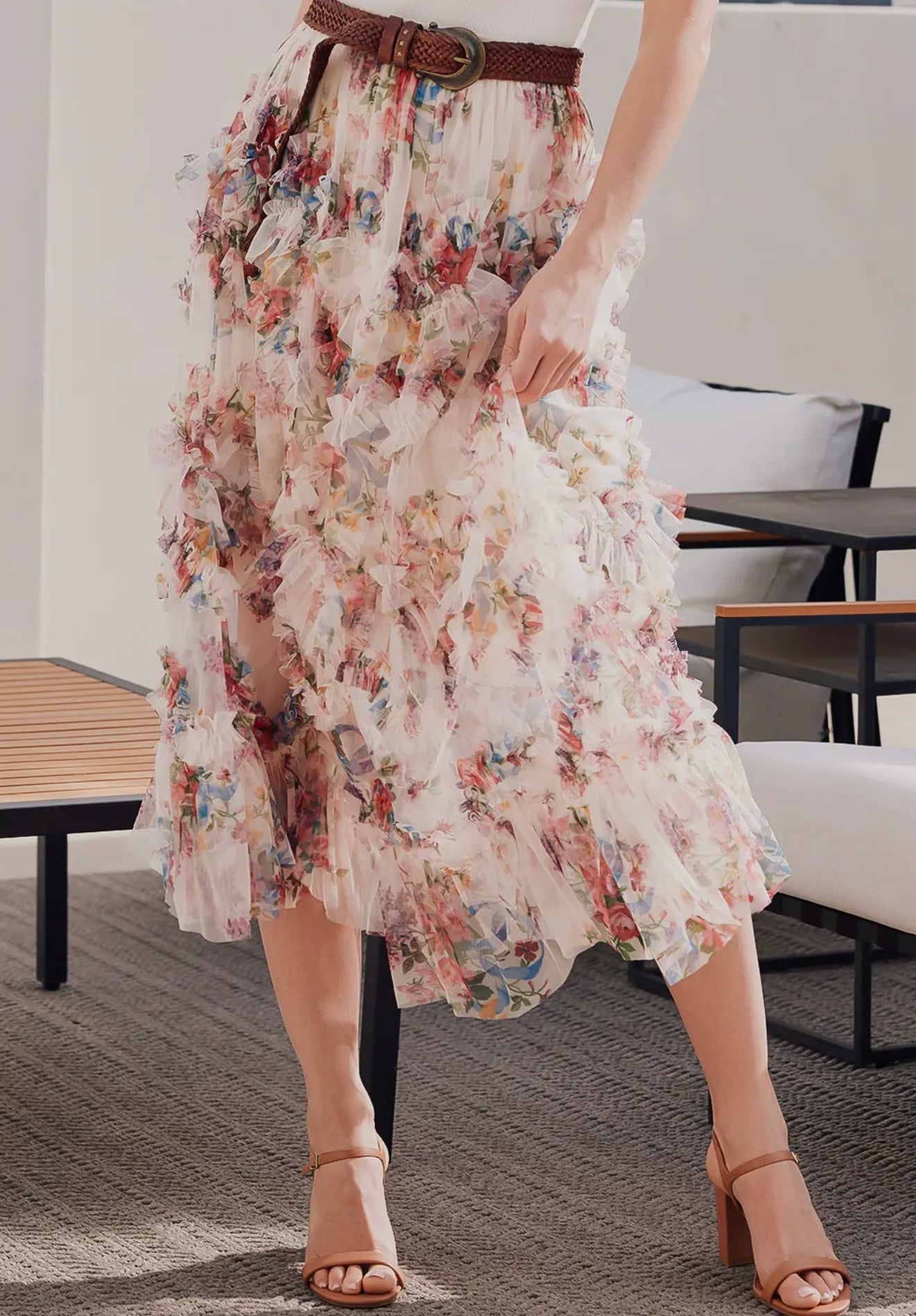 Floral Ruffled Mesh Midi Skirt