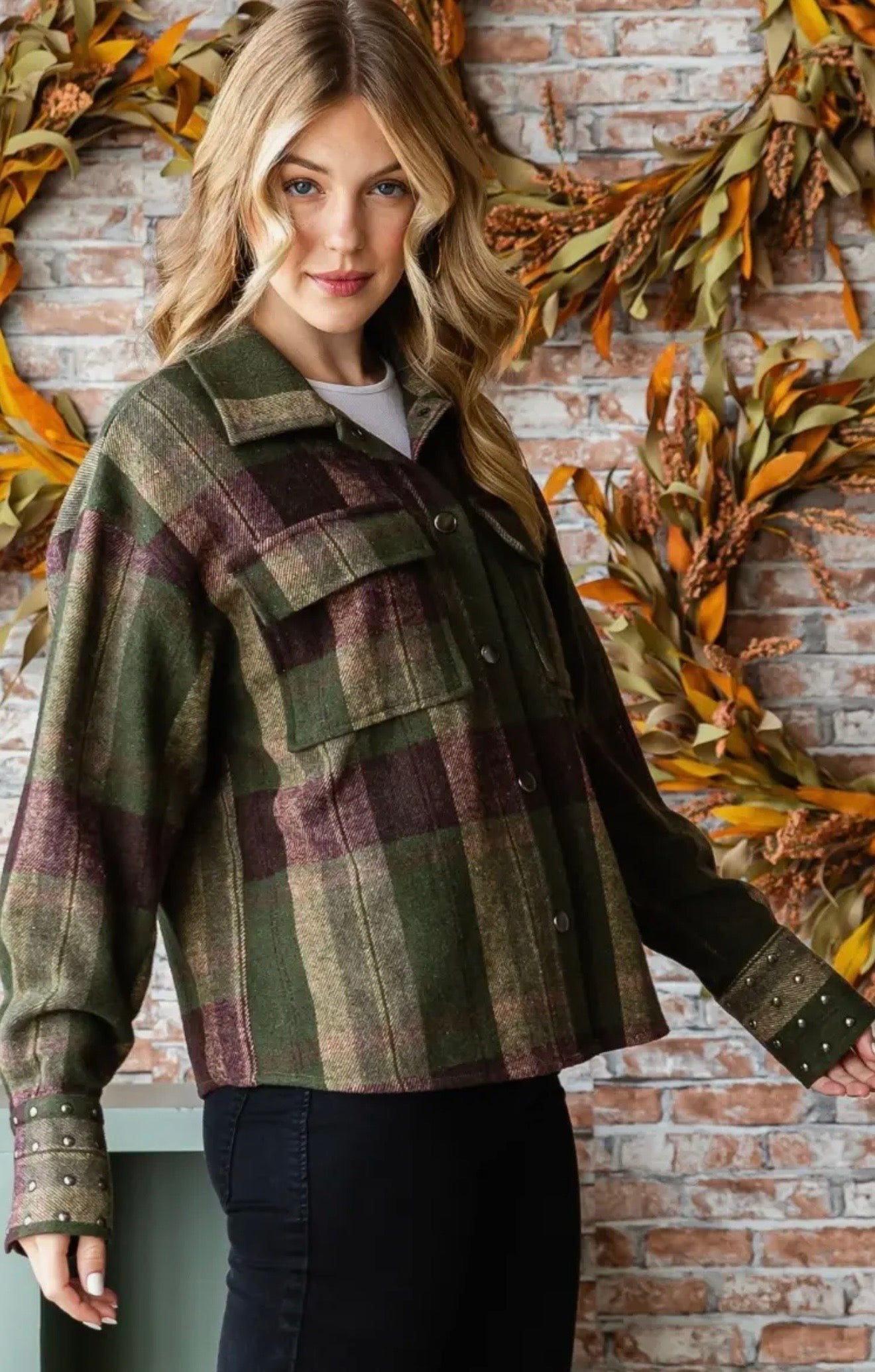 Plaid Stud Cuff Shirt Jacket in Olive