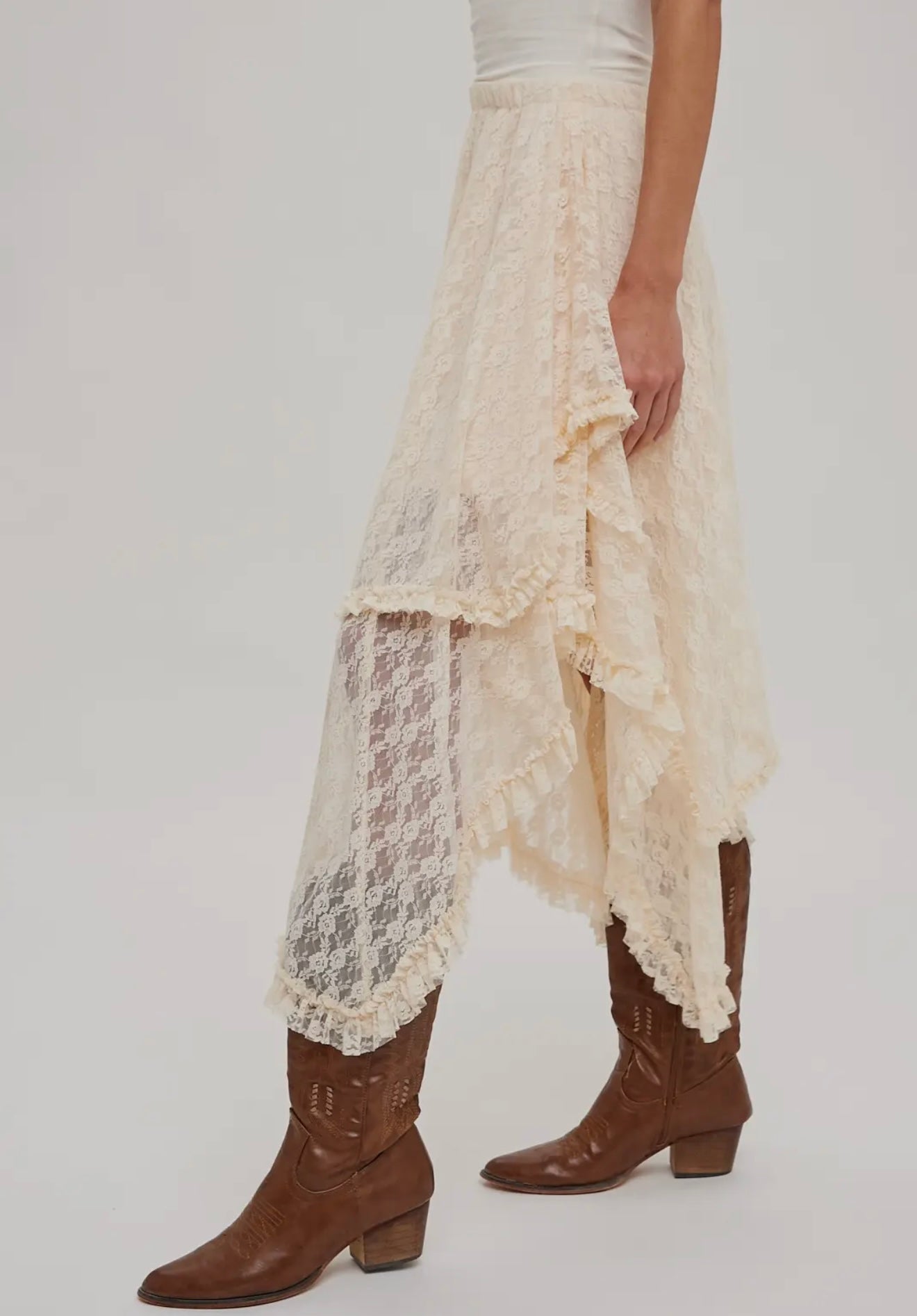 Ecru Lace Tier Midi Skirt